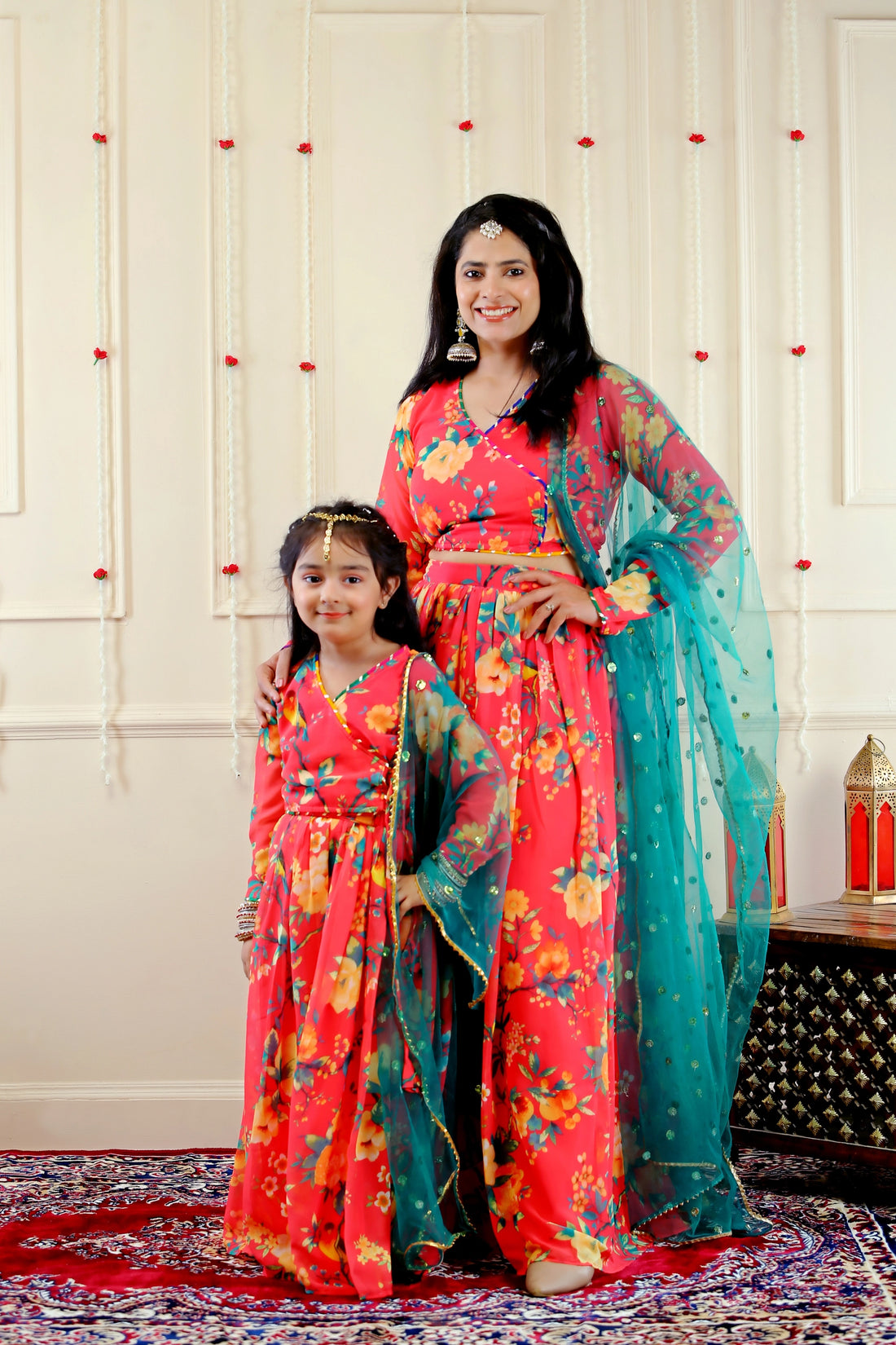 Orange and Yellow Floral Crop Top with Skirt and Dupatta ( Mom and Daughter Twin Set)