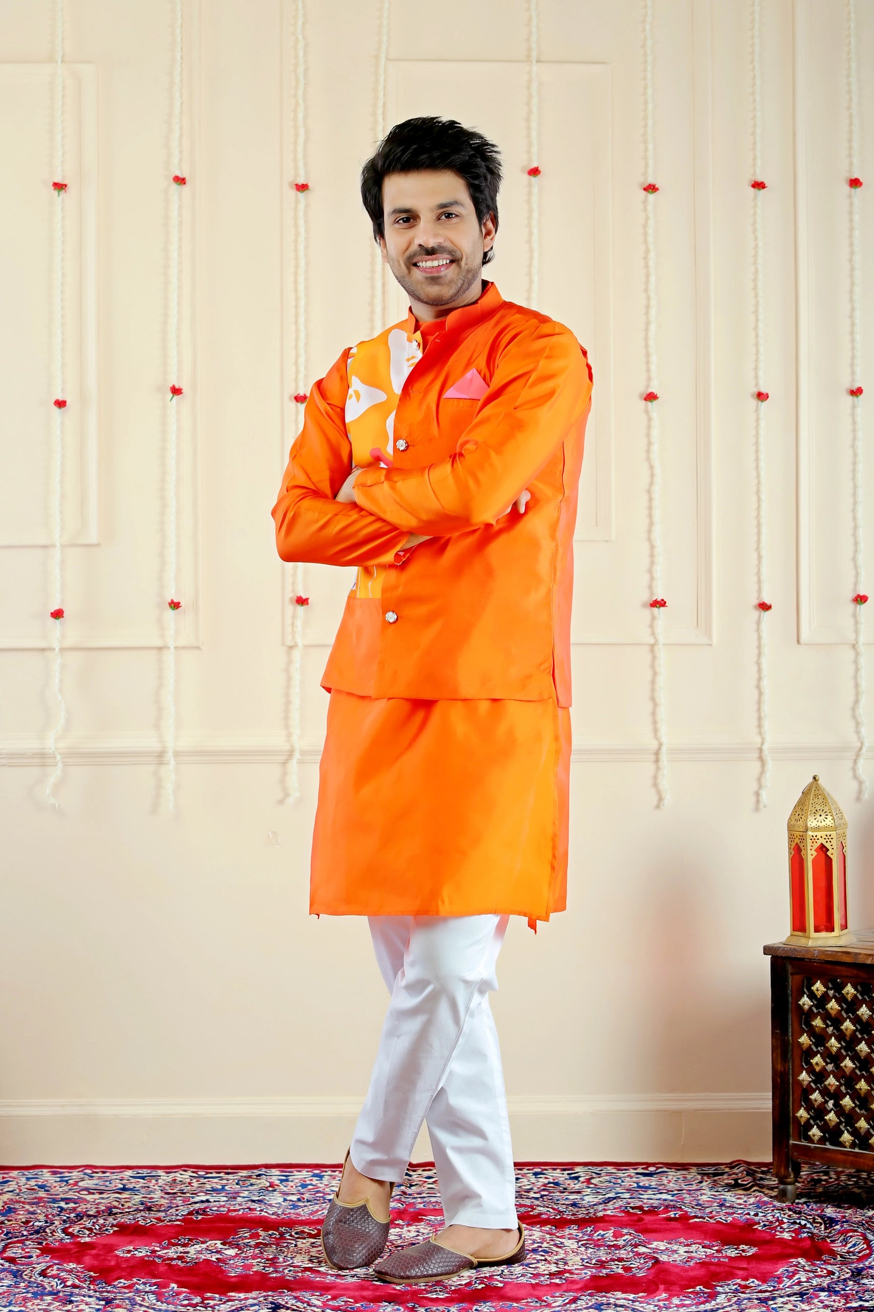 Stylish Orange and White Multifloral Matching Kurta Pyjama and Jacket for  Men