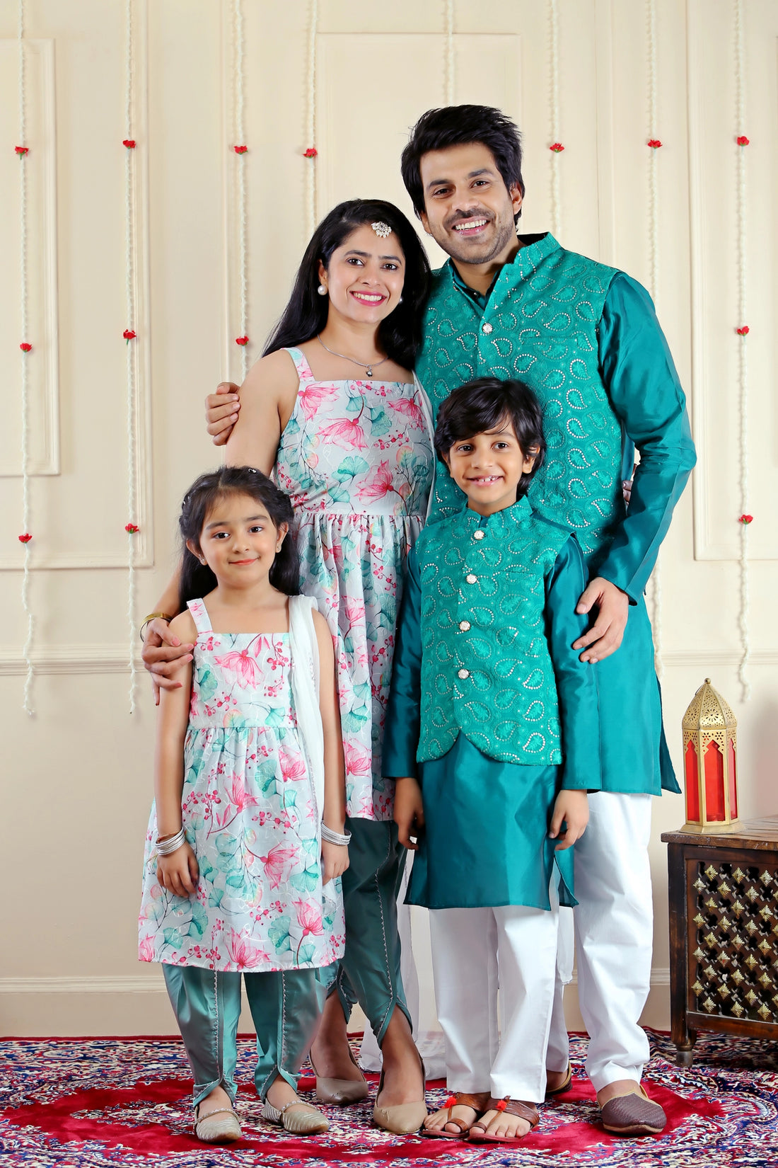 Sky Blue Floral Kurta With Dhoti and Matching Kurta Pyjama with Jacket ( Family Twin Set )
