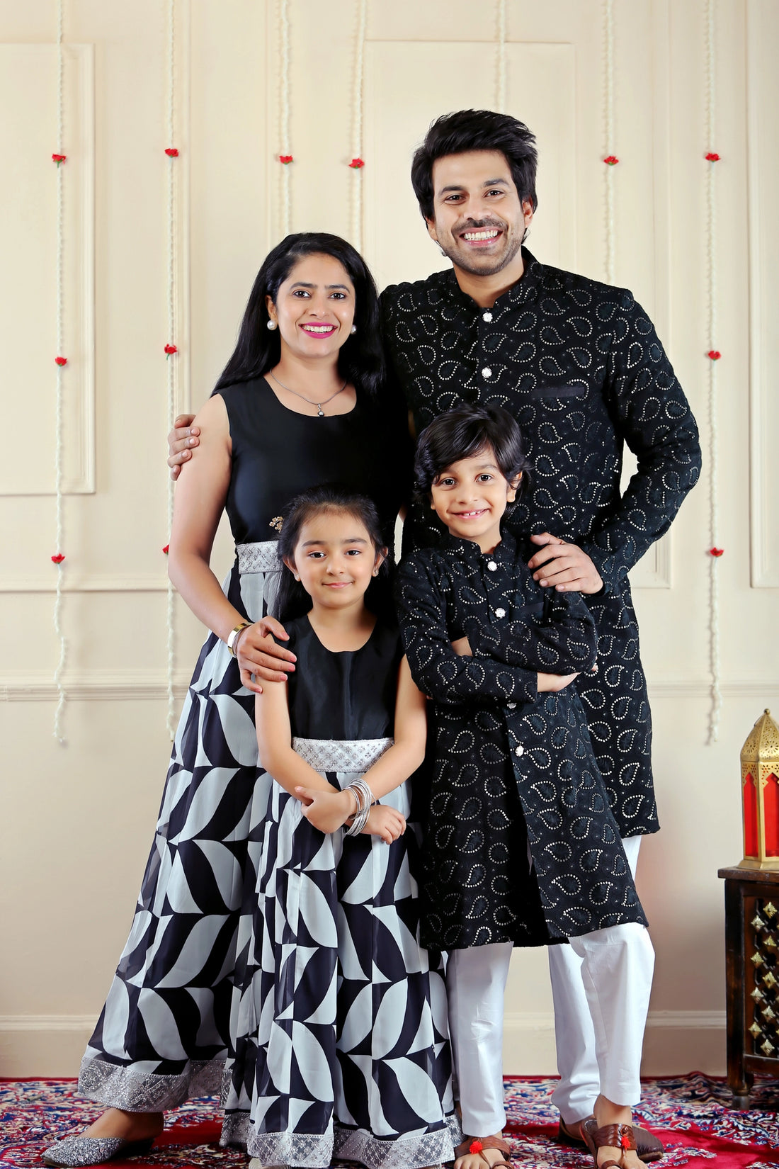 Matching Family Outfit: Black and White Gown with Sequins Kurta Pajama