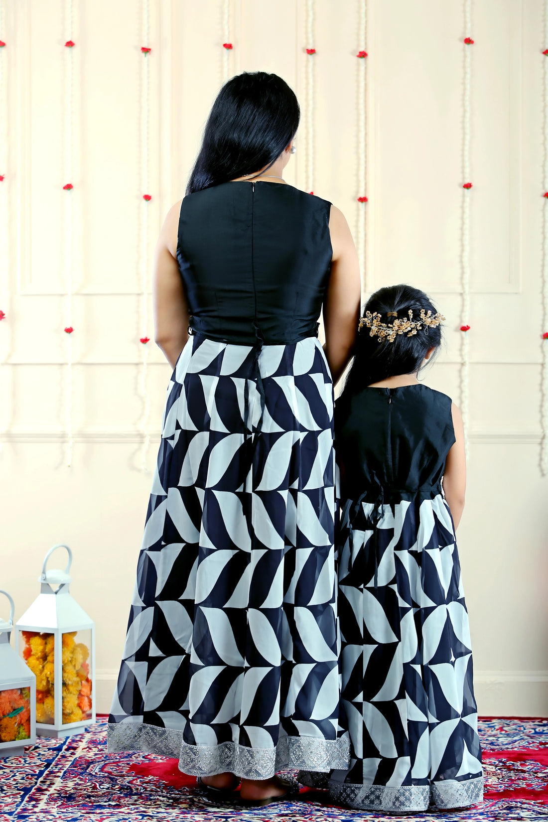 Black Sequins and White Checkered Gown for Mom and Daughter Matching Set