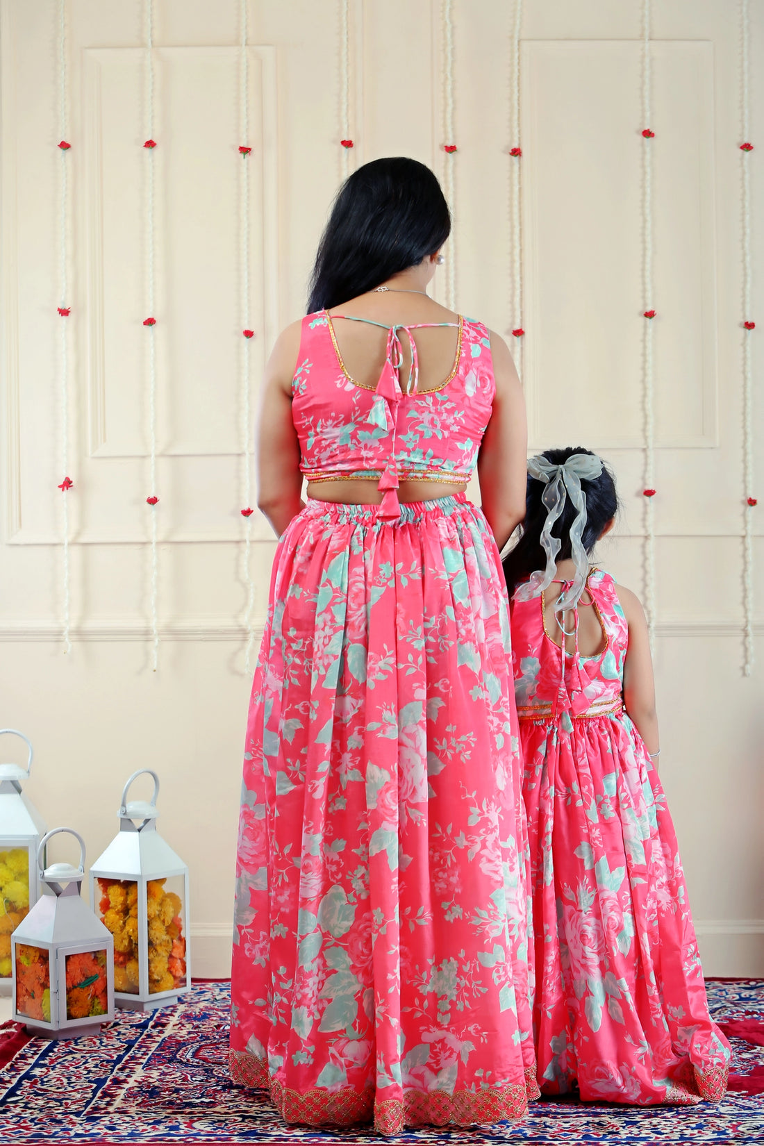 Pink and Blue Floral Lehenga Choli with Dupatta Mom and Daughter Twin Set