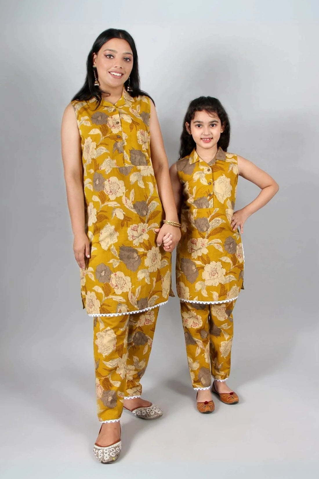 Mustard Floral Print Suit Set For Mom And Daughter