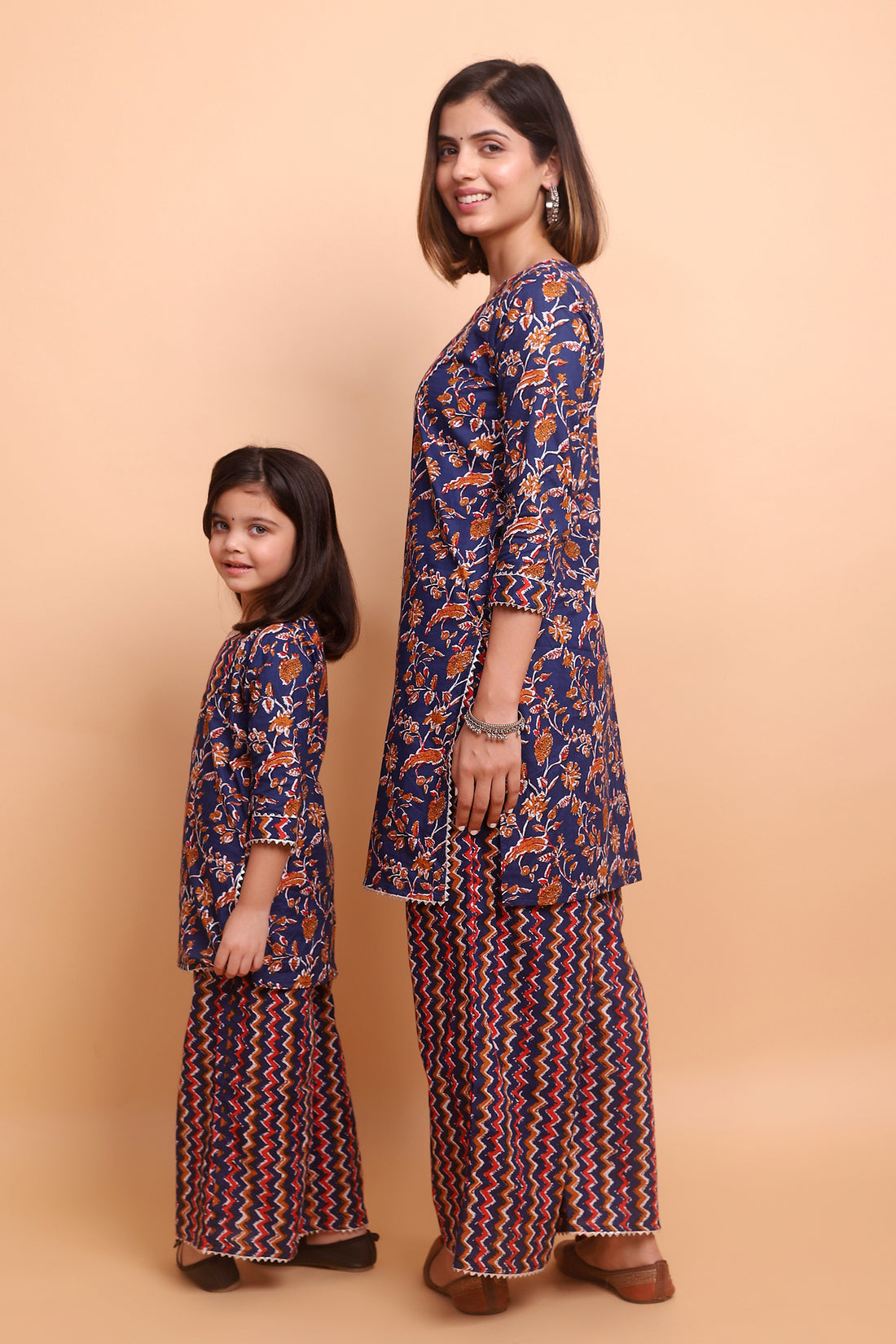 Navy Floral Printed Kurti with Pant Mom and Daughter Twin Set