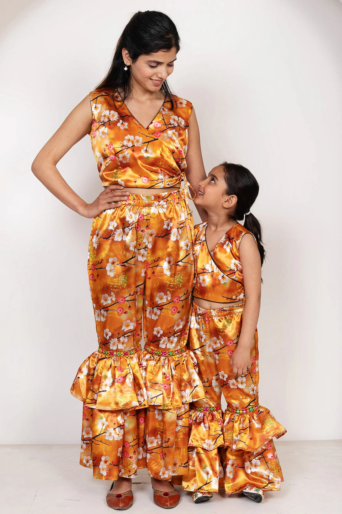 Orange Floral Printed Crop Top with Ruffled Pants ( Mom and Daughter Twin Set )
