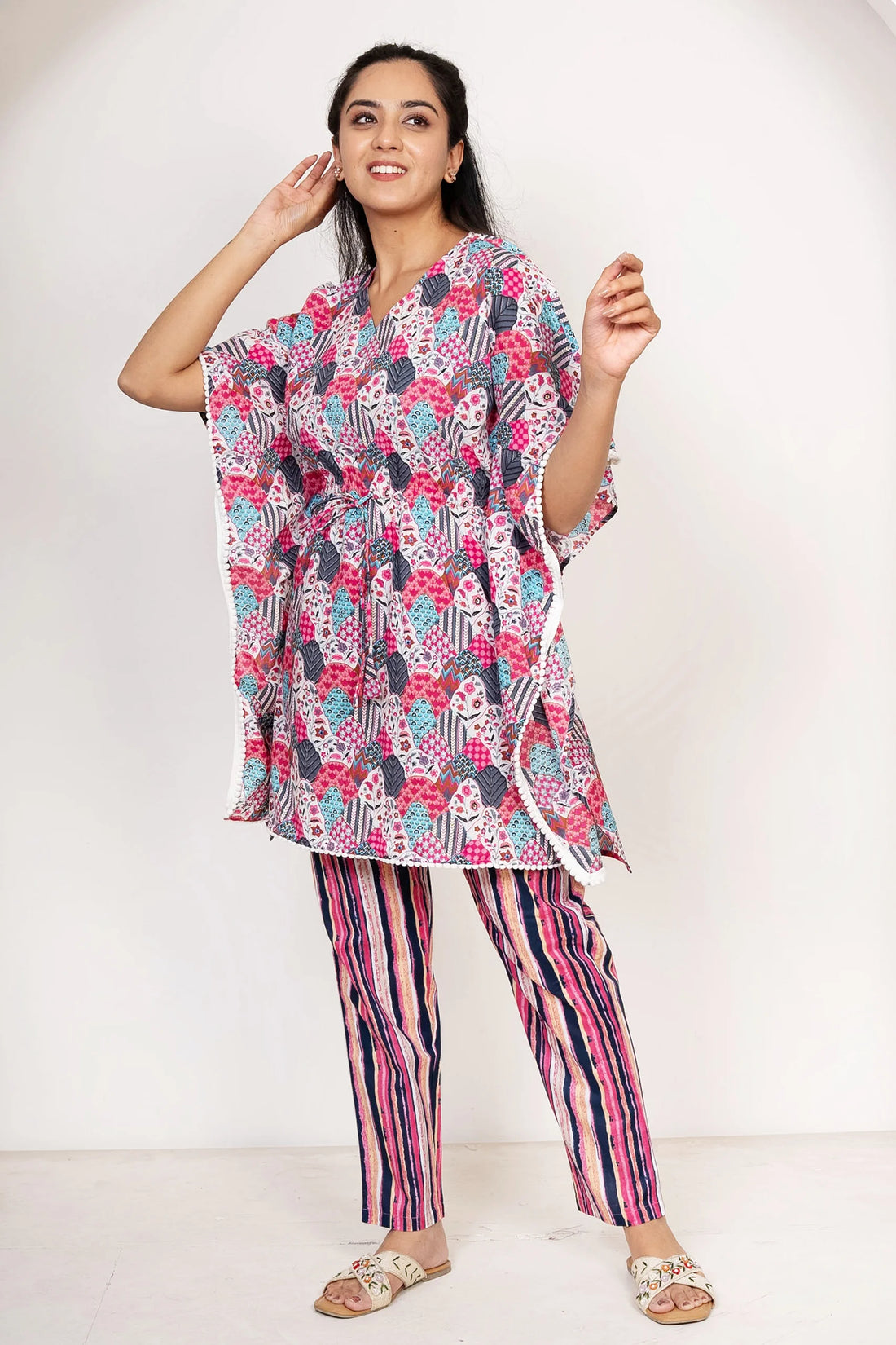 Pink and Blue Floral Kaftan with Pants For  Women