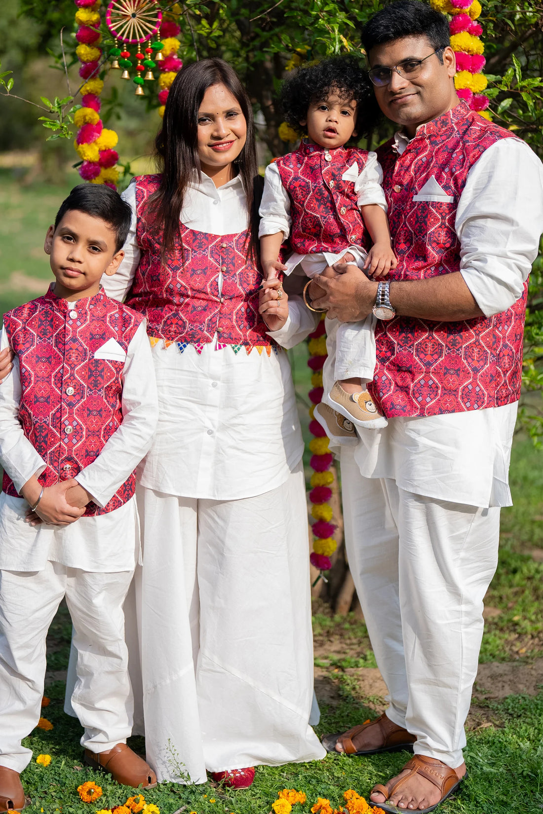 Elegant White Ghaghara with Matching Kurta Pajama & Printed Jacket Set for Family