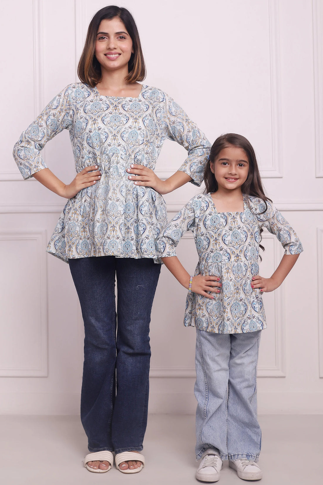 Trendy Twinning: Cotton Tops in White and Blue Block Print