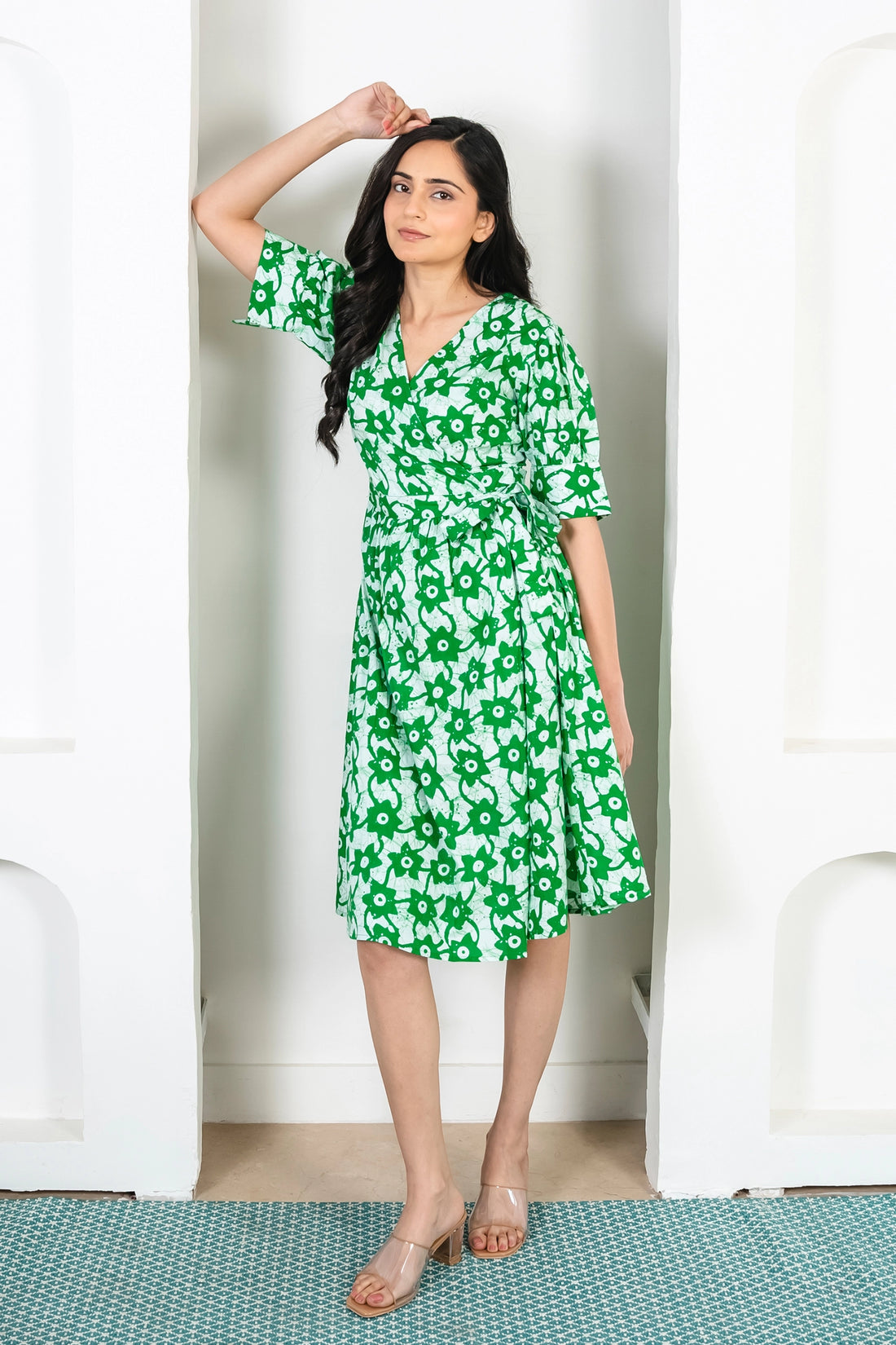 Green Floral Printed Summer Dress For Women