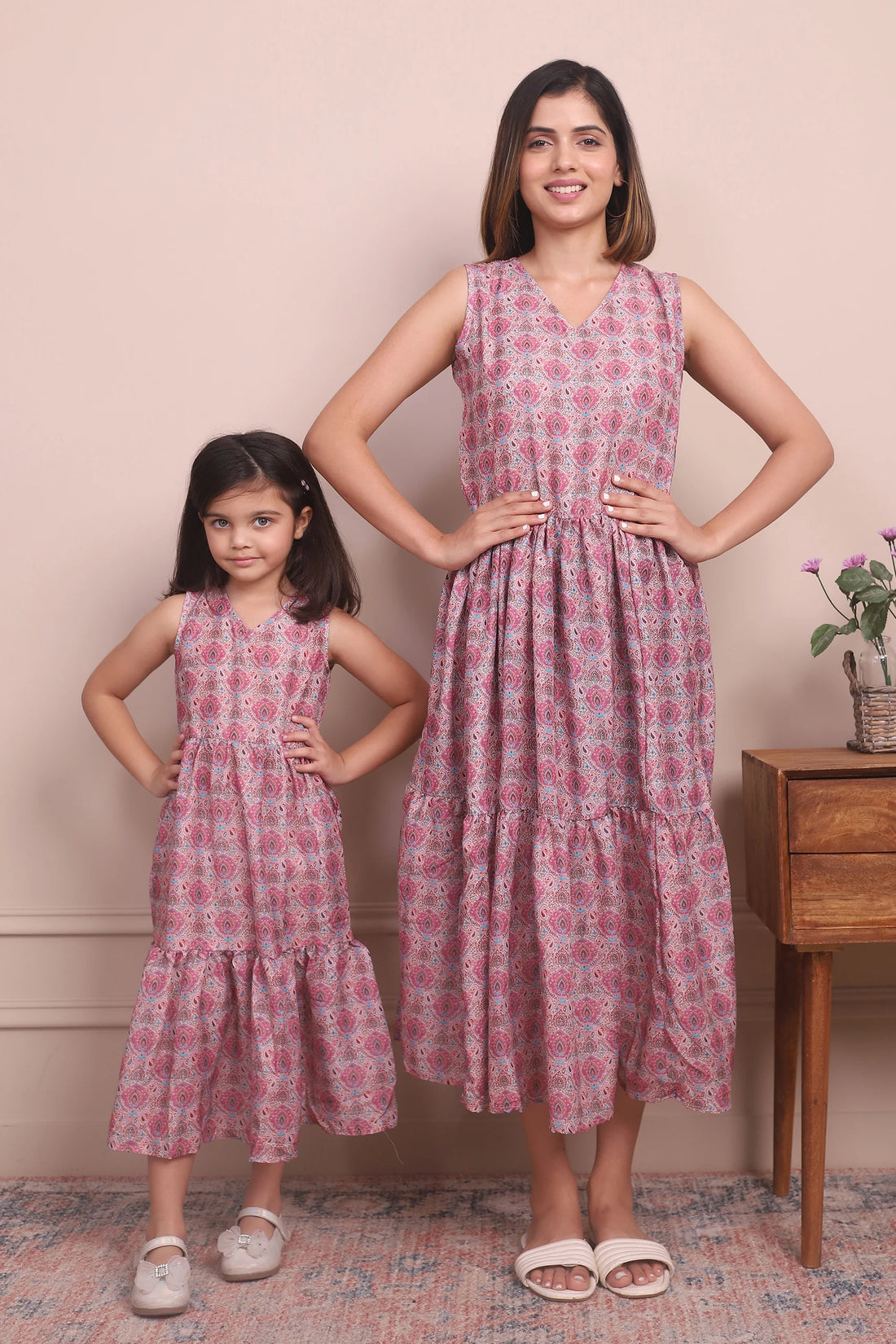 Effortless Elegance: Beige Cotton Maxi Dress Mom and Daughter Matching Set