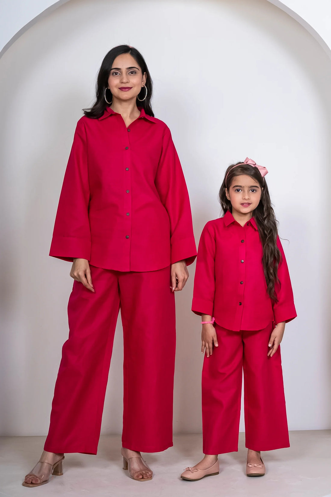 Summer Holiday Must-Have: Fuchsia Pink Cotton Matching Outfits for Mom and Daughter Shirt with Pant Co-Ord Set