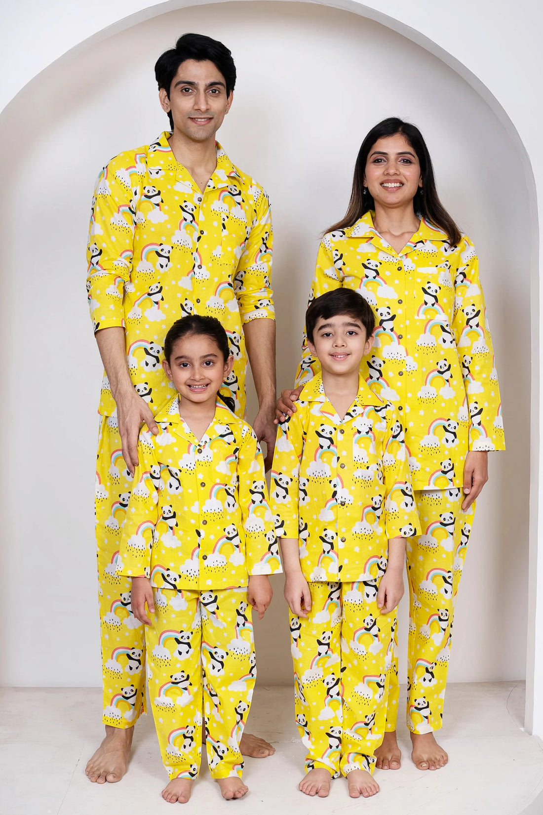 Lemony Yellow and White Floral Printed Night Suit Set For Family
