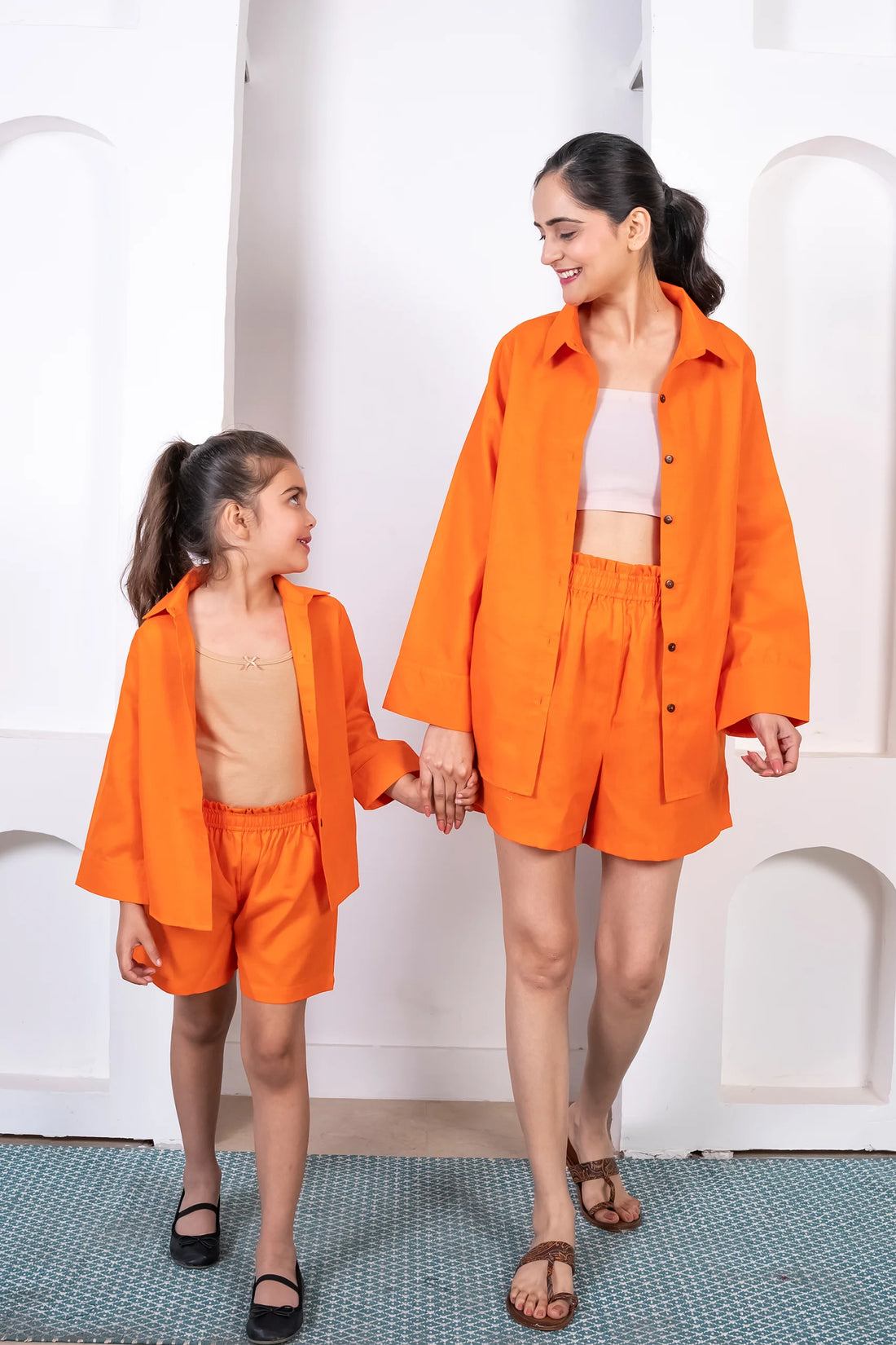 Vacation-Ready Matching Outfits: Mom and Daughter Orange Cotton Co-Ord Set