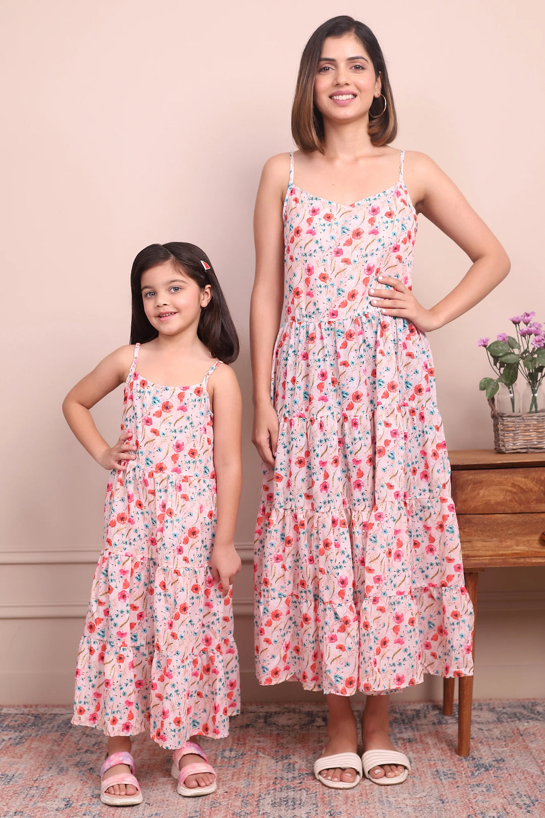 Matching Mom and Daughter Sleeveless Spaghetti Dresses in Peach Multi Floral Cotton – Casual Twin Set