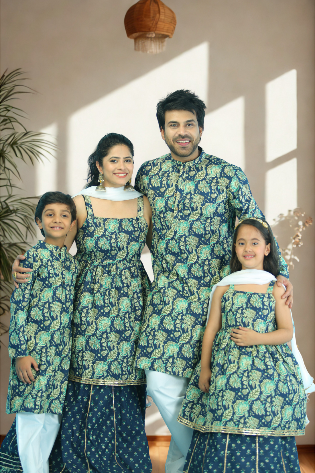 Navy Blue Peplum Top With Lehenga Set with Matching Kurta Pajama Family Twin Set