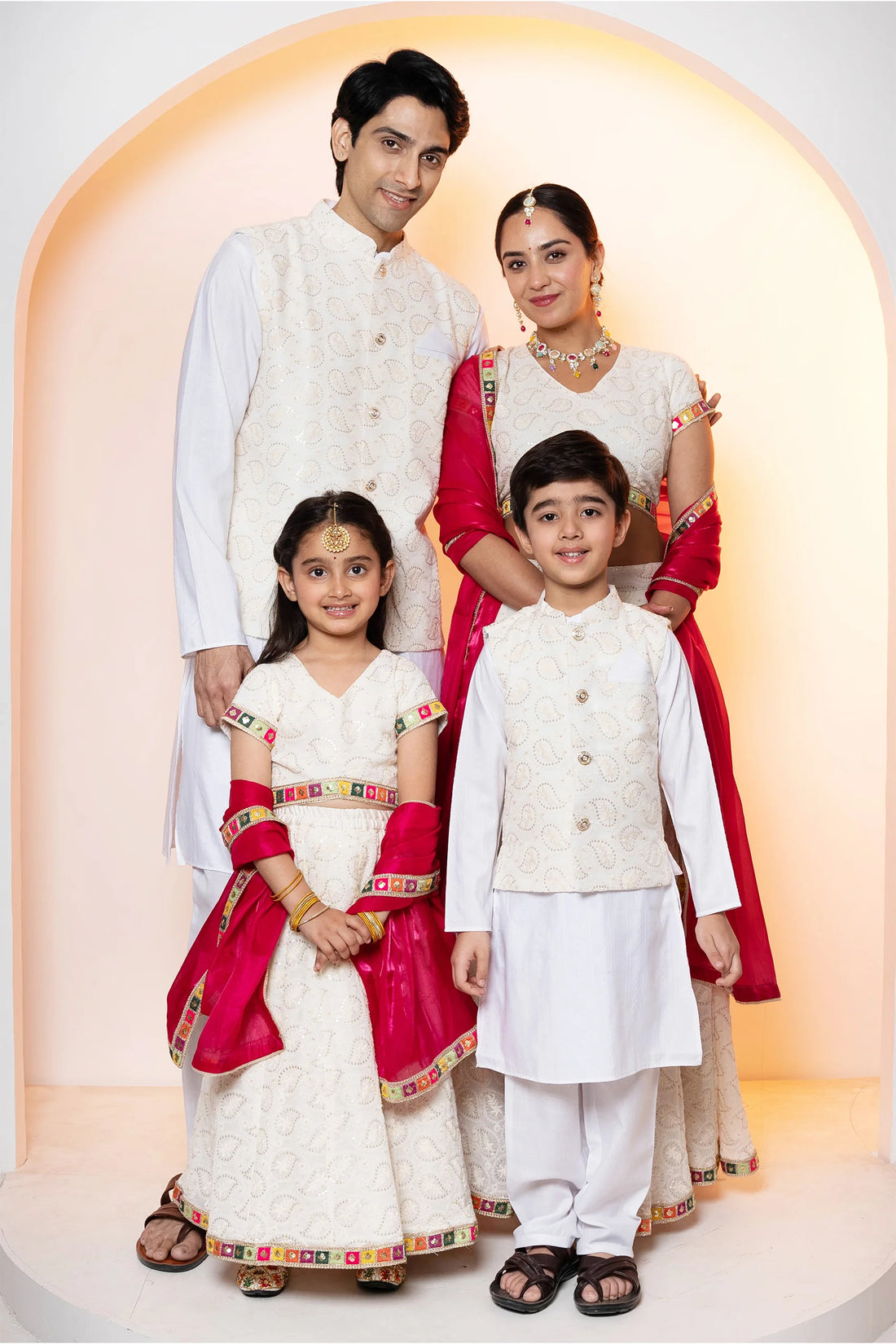 Sparkling White Embroidered Lehenga Choli with Matching Kurta Pyjama and Jacket For Family Twin Set