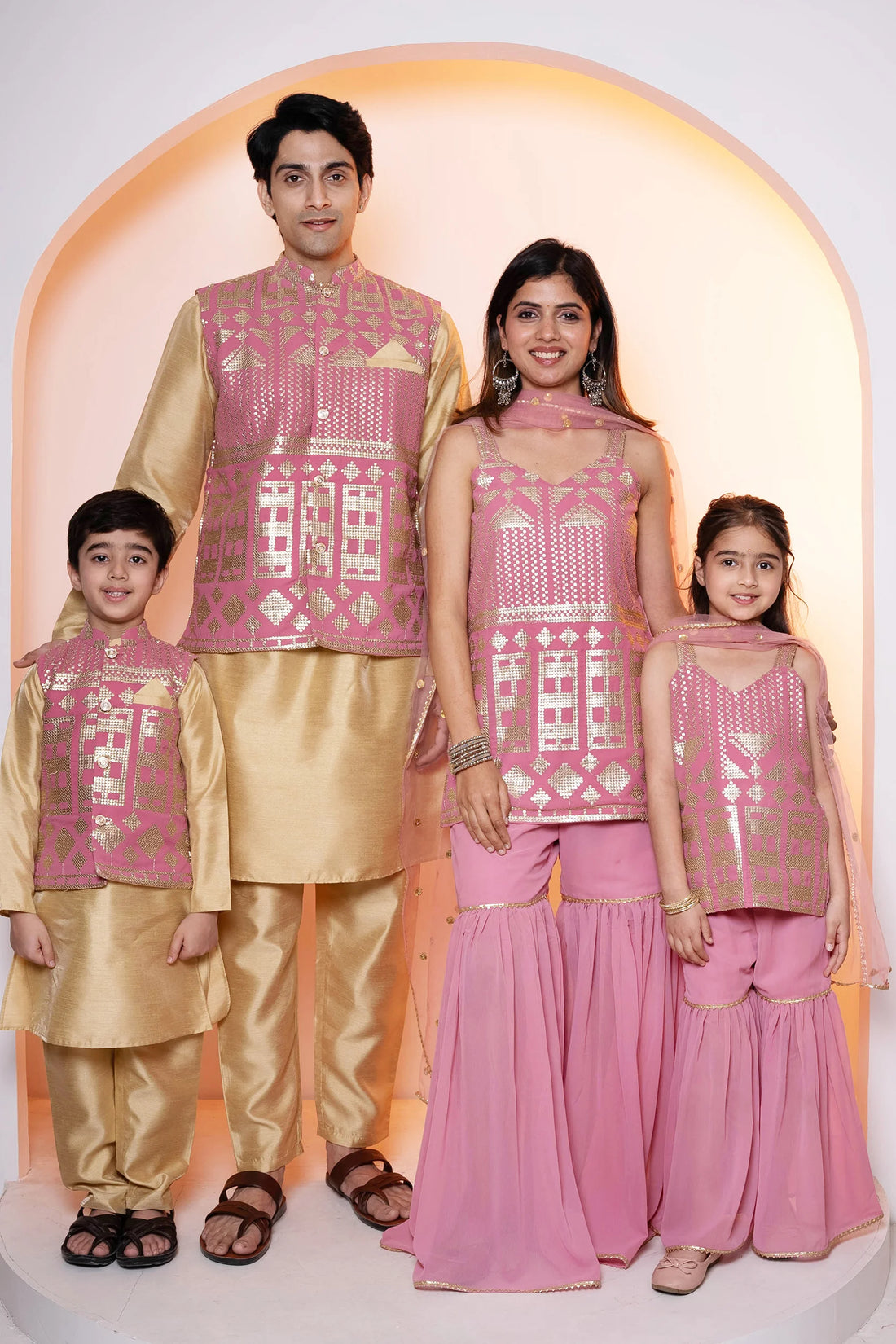 Stylish Rouge Sharara Suit with Rouge Jacket and Golden Kurta Pyjama For Family Twin Set