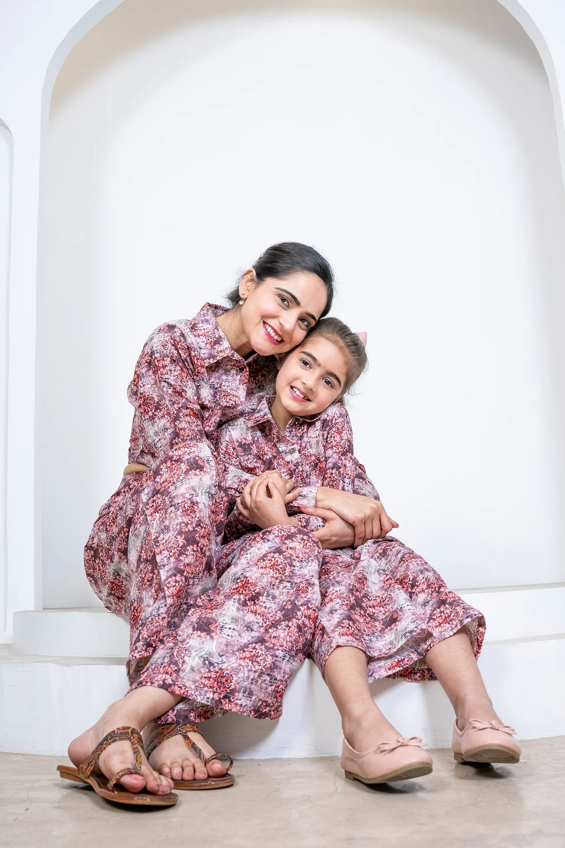 Wine Floral Pant with Shirt Co - Ord Set for Mom and Daughter