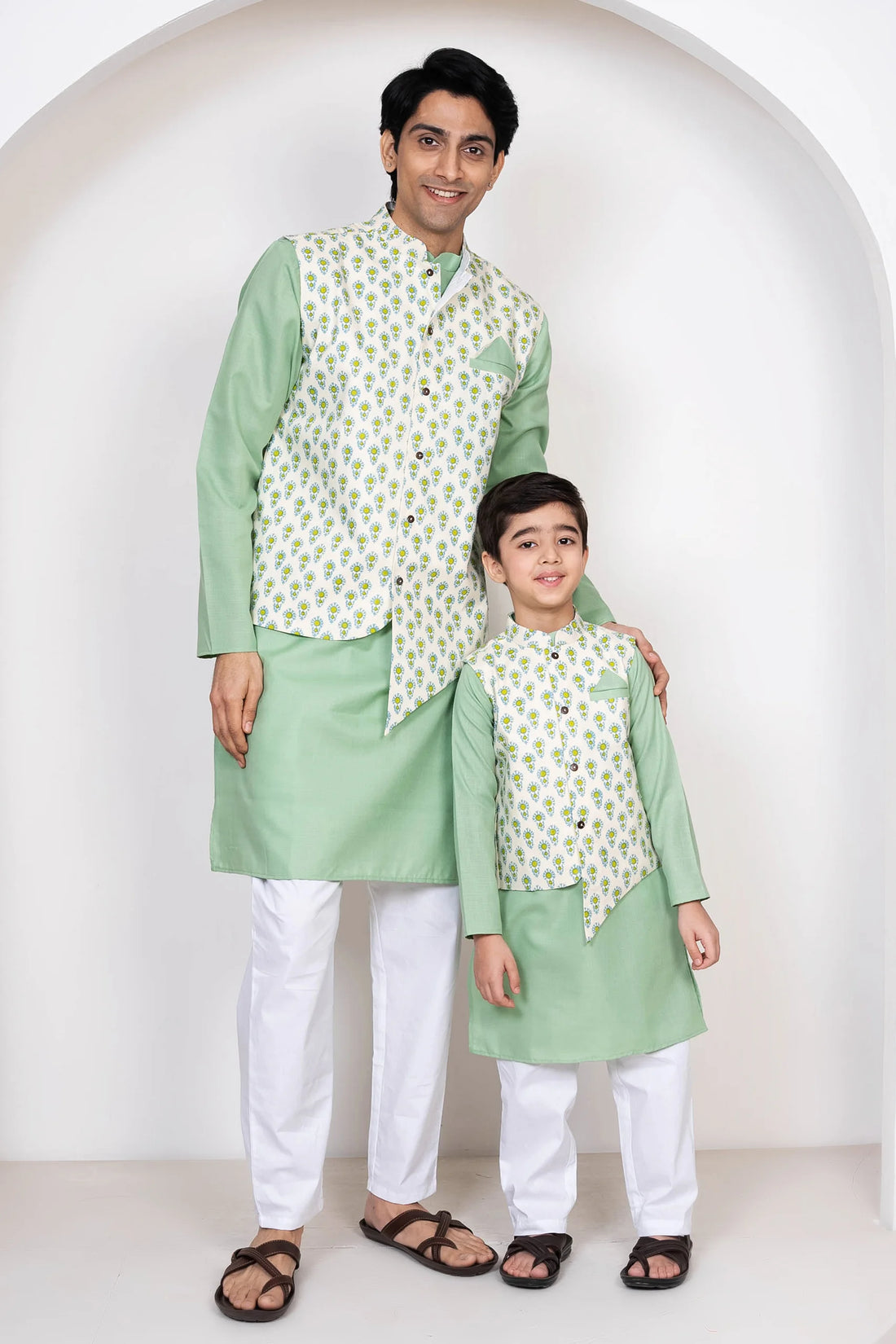 Sea Green Floral Printed Cotton Father and Son Twin Set
