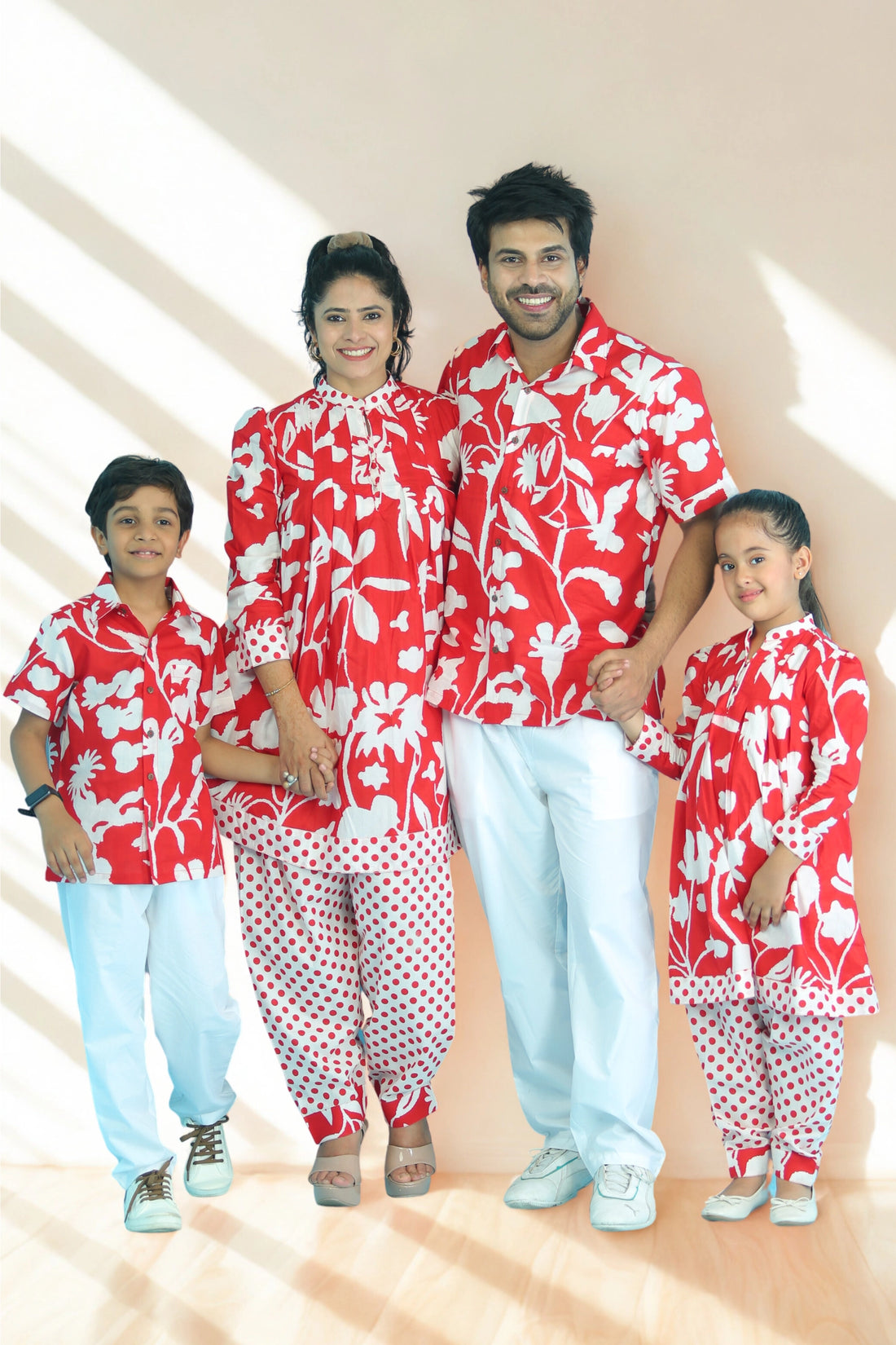 Red & White Floral  Suit Set With Matching with Matching Kurta Pajama Family Twin Set