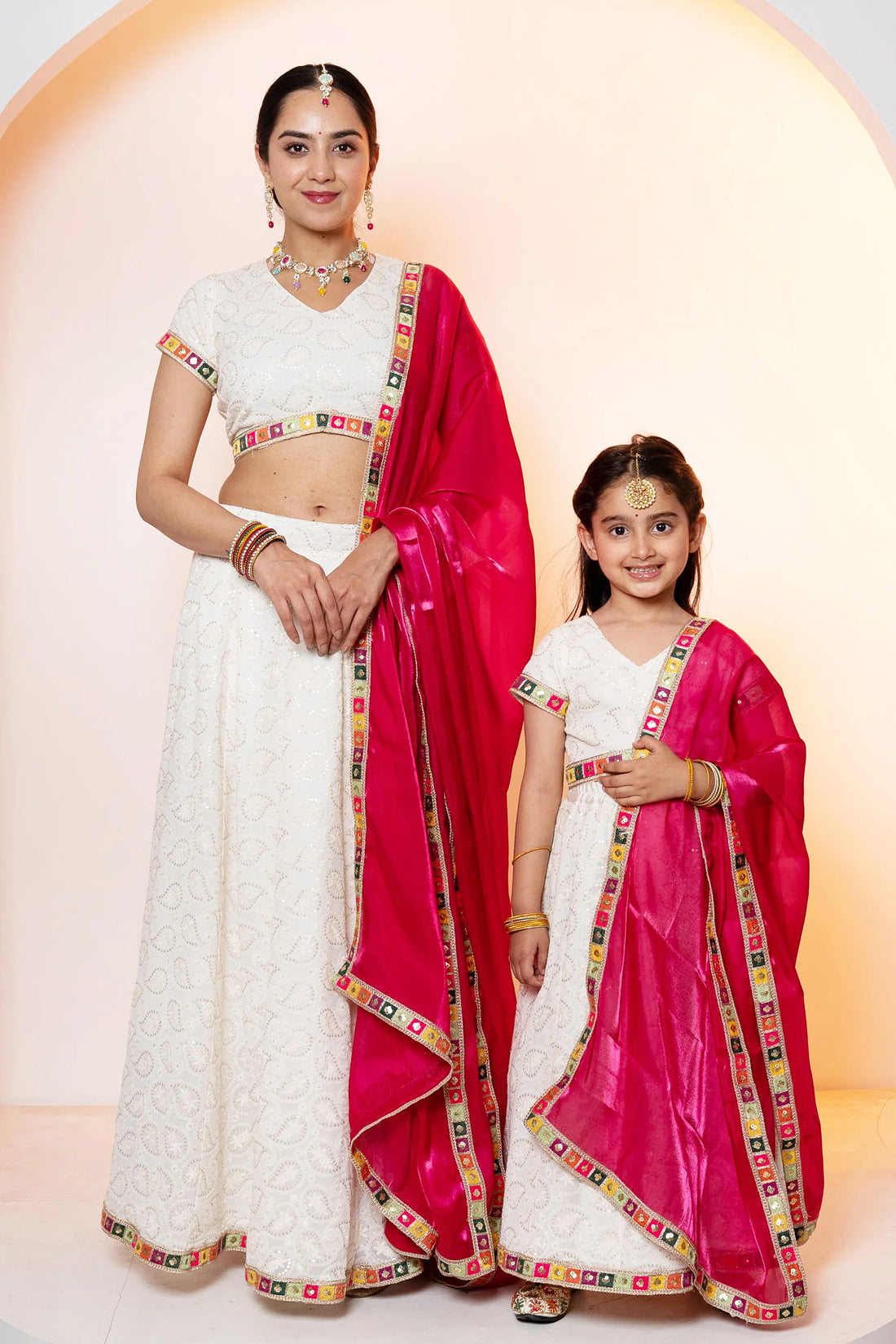 Sparkling White Embroidered Lehenga Choli with Pink Dupatta For Mom and Daughter Twin Set