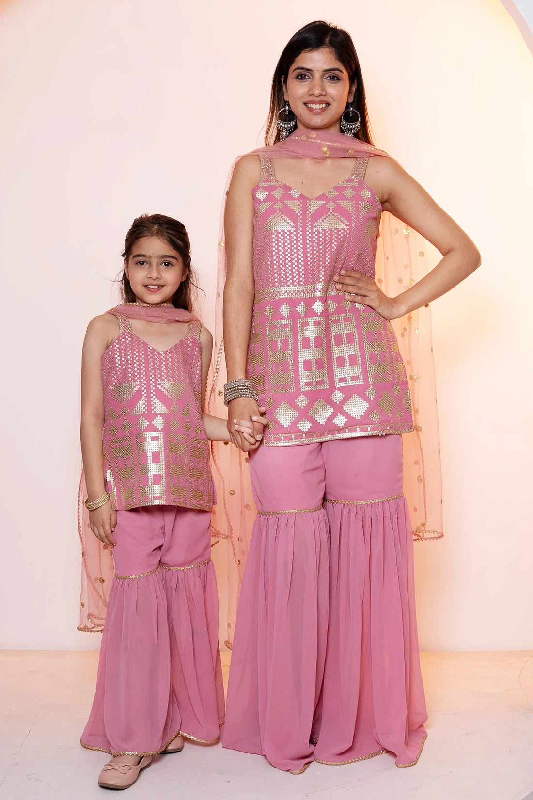 Stylish Rouge and Golden Sharara Suit  ( Mom and Daughter Twin Set )
