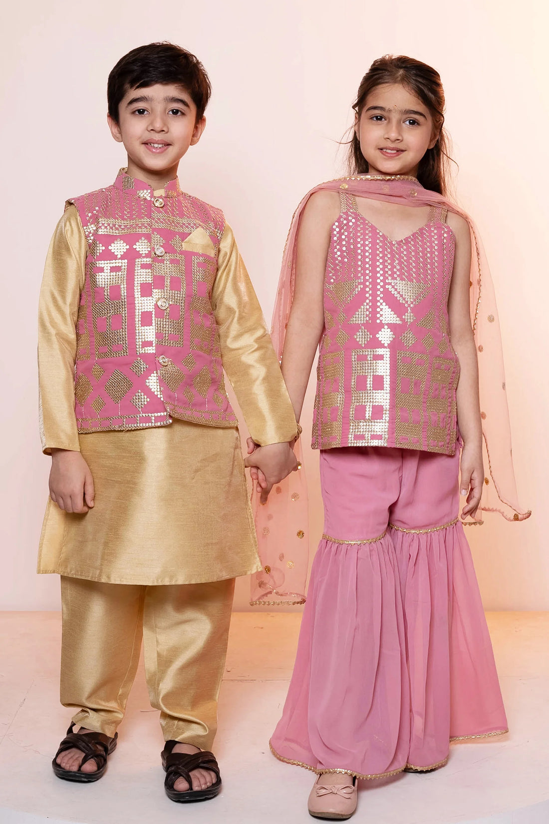 Stylish Rouge Sharara Suit with Rouge Jacket and Golden Kurta Pyjama For Brother and Sister Twin Set