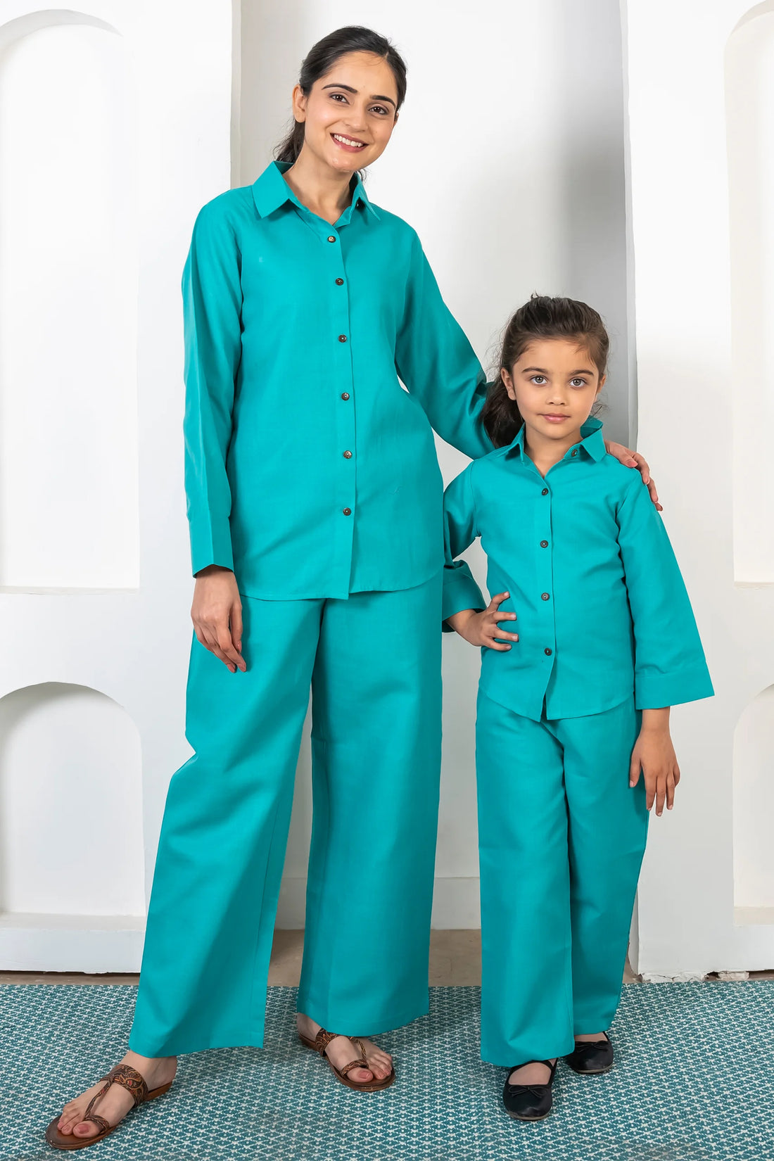 Teal Blue Cotton Matching Outfits for Mom and Daughter - Coordinated Pant and Shirt Set
