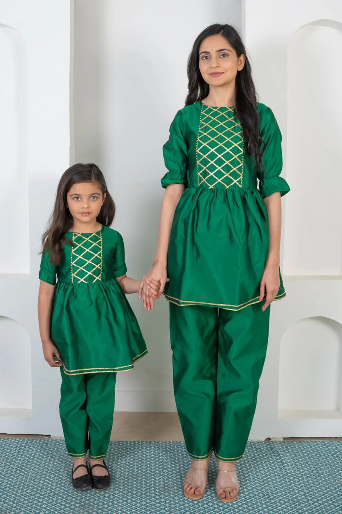 Refreshing Green and Golden Peplum Kurta with Pants For Mom and Daughter Twin Set