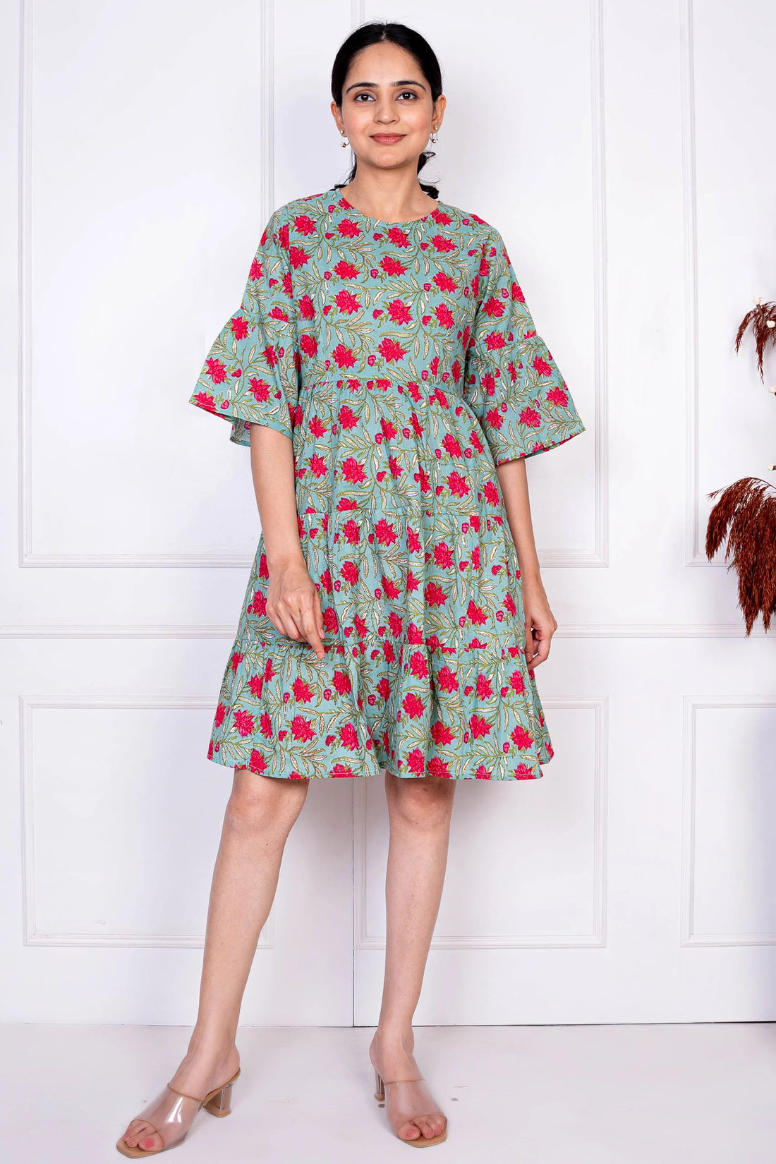 Green & Red Tiered Cotton Dress for Women