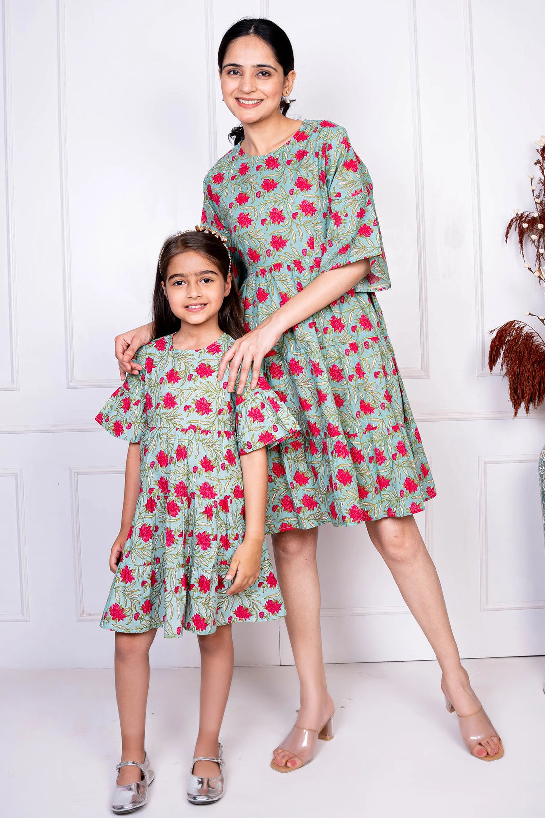 Green & Red Tiered Dresses for Mom and Daughter