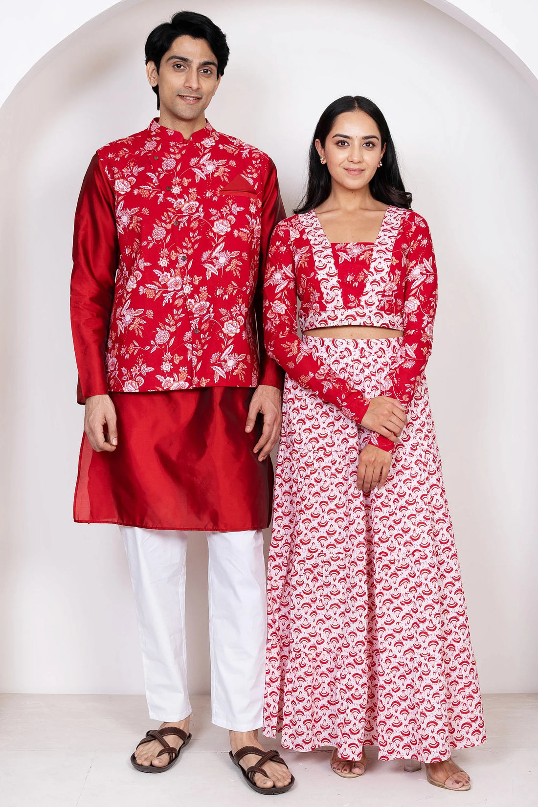 Maroon & White Floral Printed Lehenga Crop Top and Dupatta With Matching Kurta Pyjama Couple Twin Set