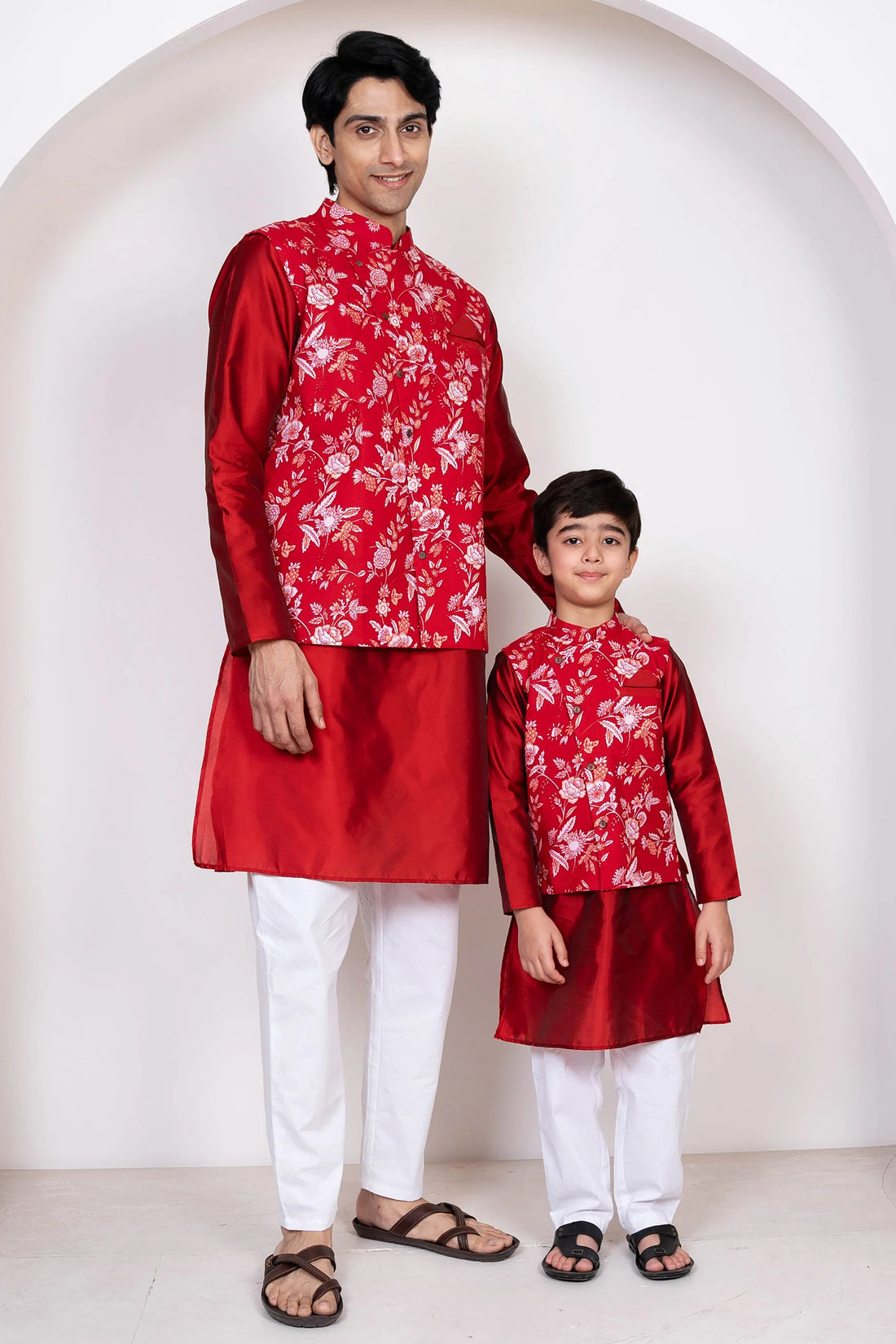 Maroon & White Floral Printed Cotton Father and Son Twin Set