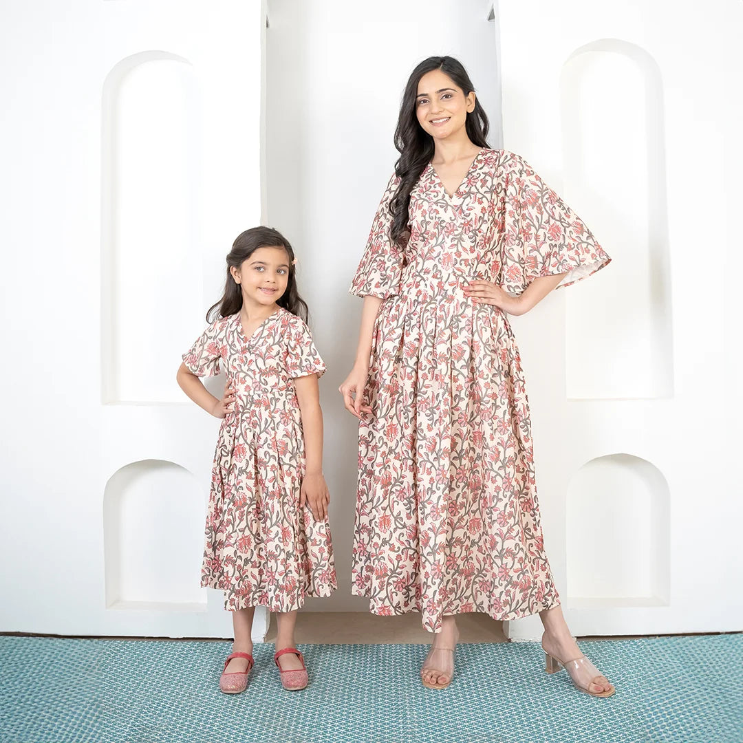 Matching Summer Wear Outfits: Comfy Cream and Red Floral Printed Maxi