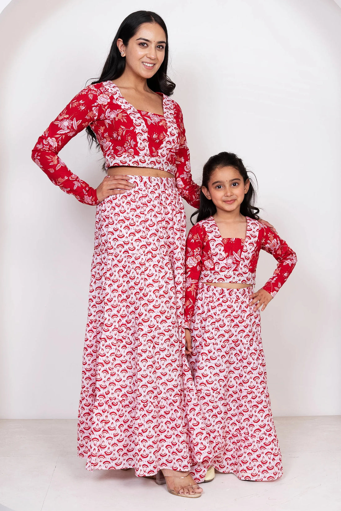 Maroon & White Floral Printed Lehenga Crop Top With Matching Dupatta For Mom and Daughter
