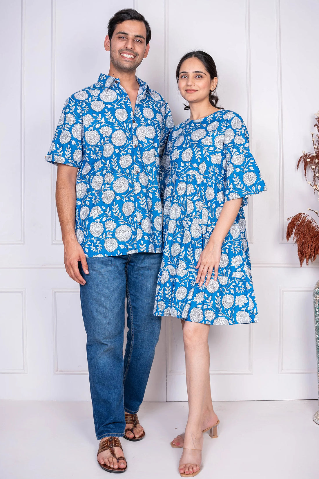 Blue Floral Printed Dress With Matching Shirt Couple Twin Set