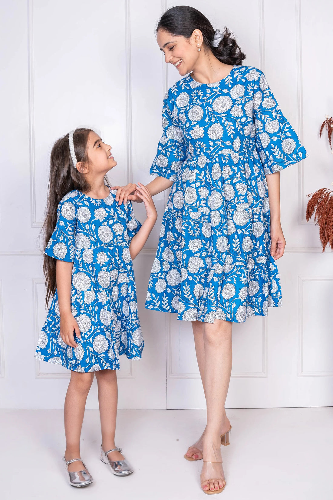Blue Floral Printed Matching Dresses for Mom and Daughter