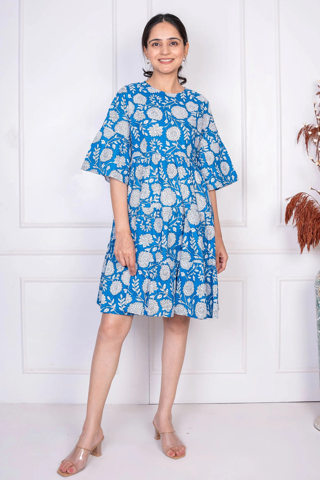 Blue Floral Printed Cotton Dress for Women