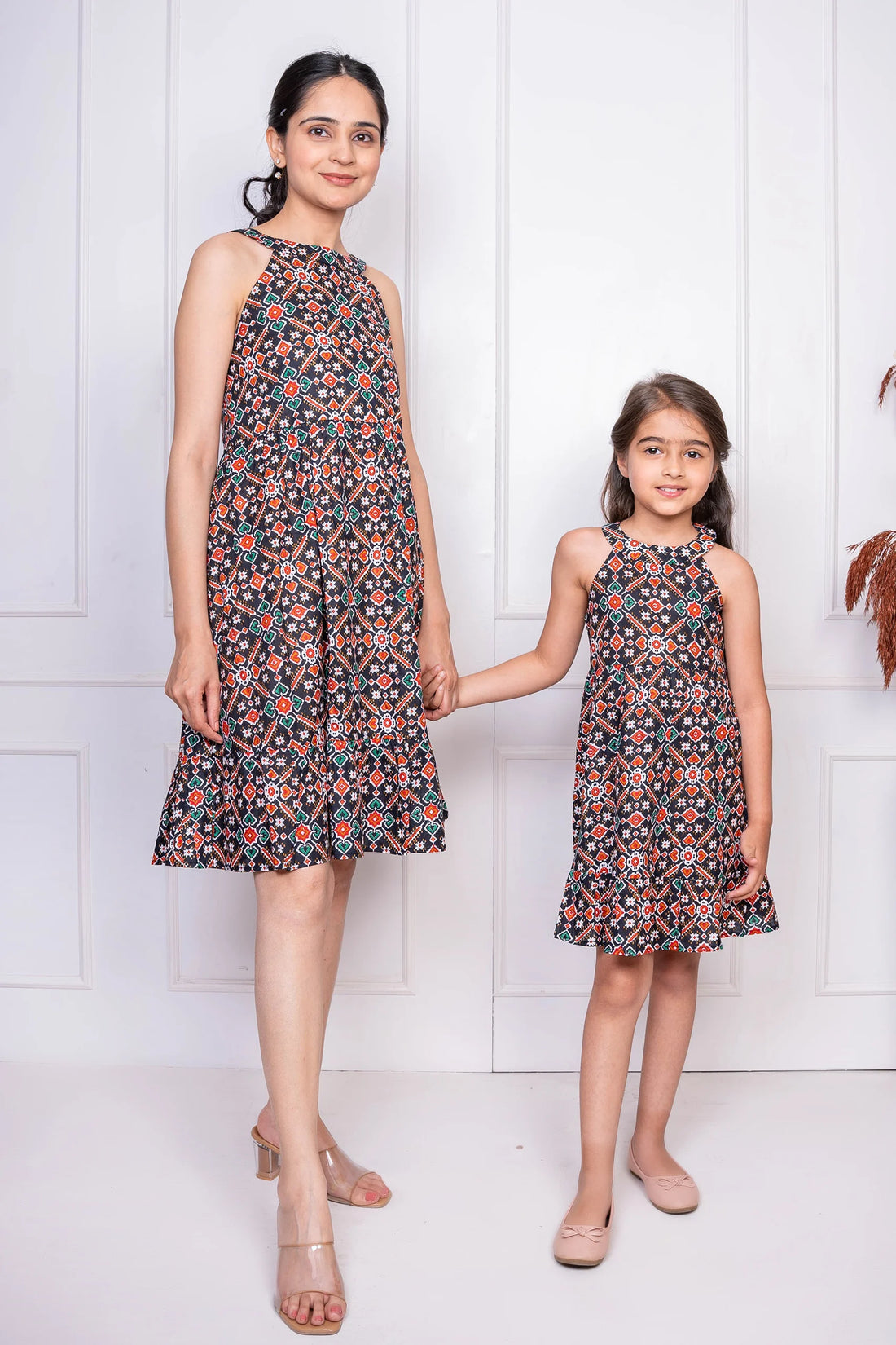 Black Geometric Printed Matching Dresses for Mom and Daughter