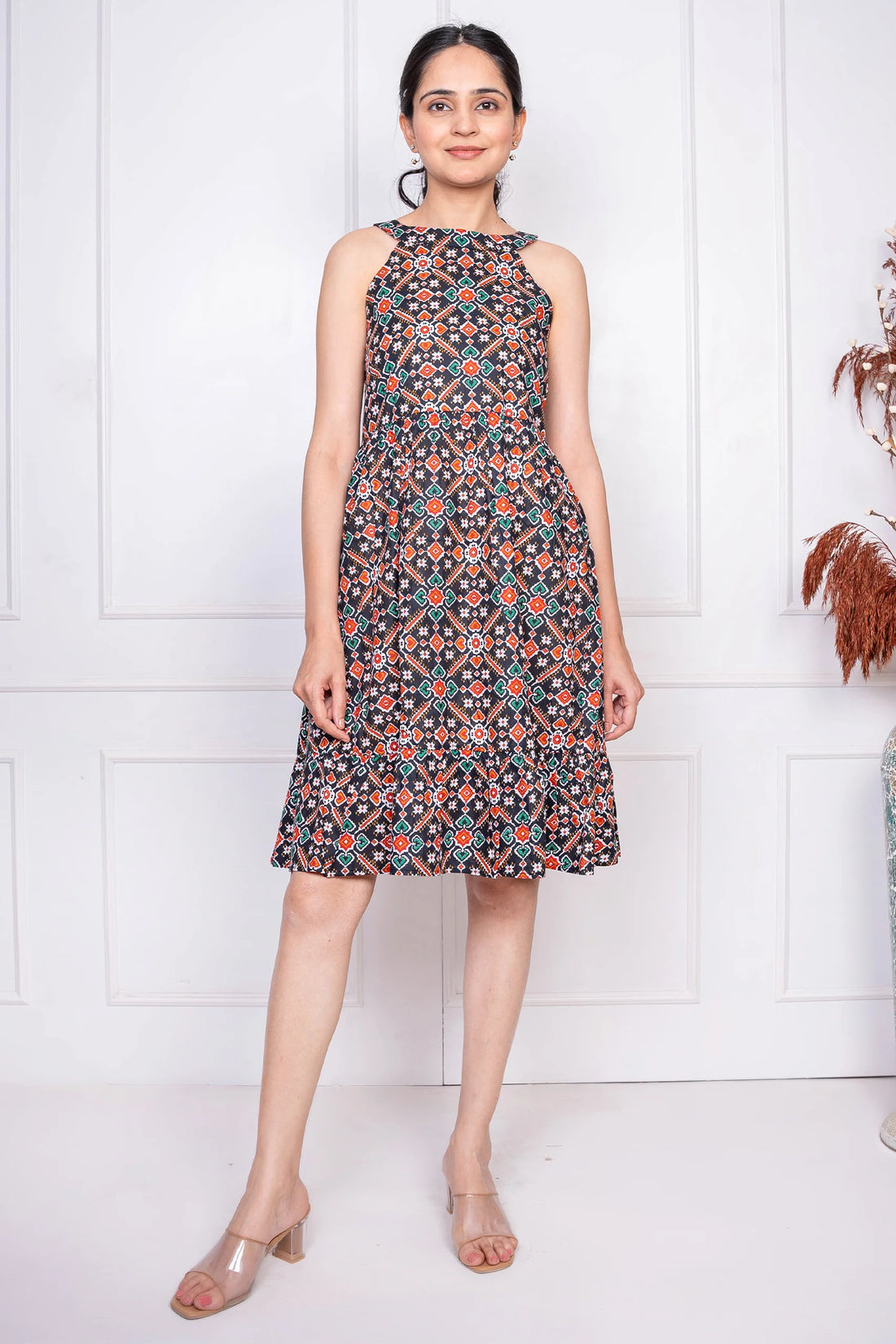Black Geometric Printed Cotton Dress for Women