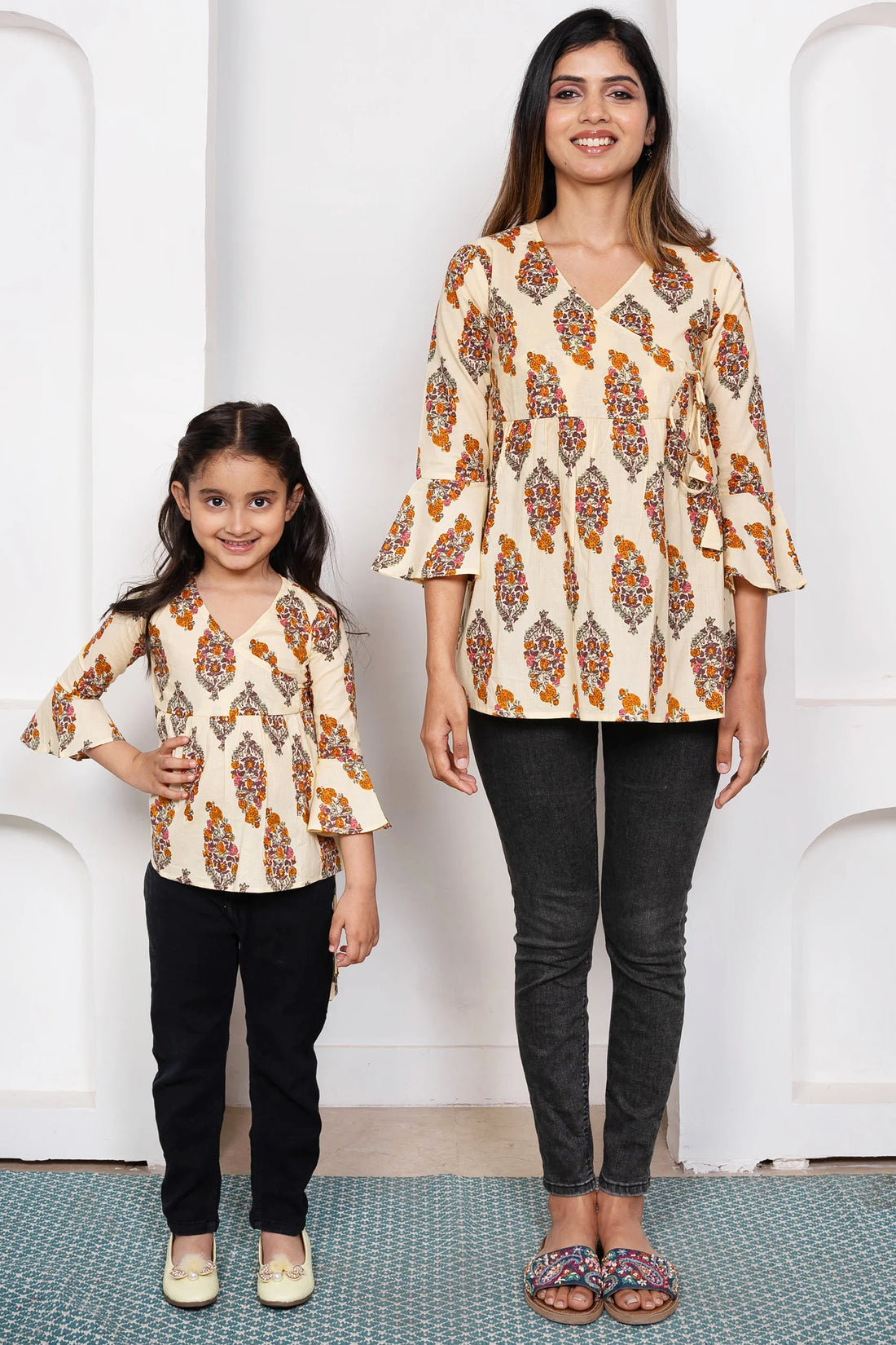 Mom & Daughter Matching: Cream & Mustard Angrakha Style Tops