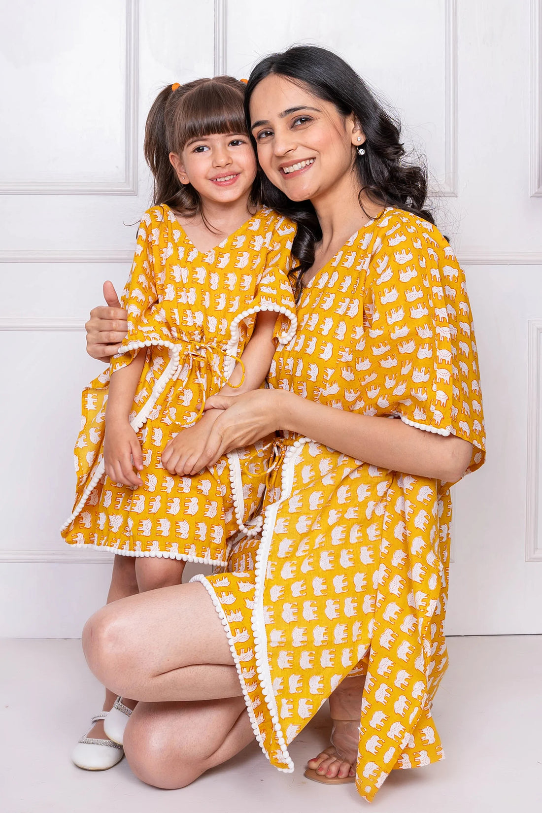 Mustard Elephant Printed Kaftan With Shorts for Mom and Daughter