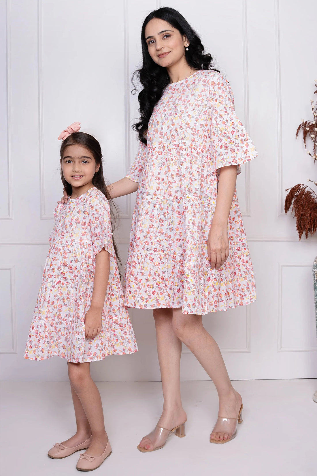 White Floral Printed Dresses for Mom and Daughter