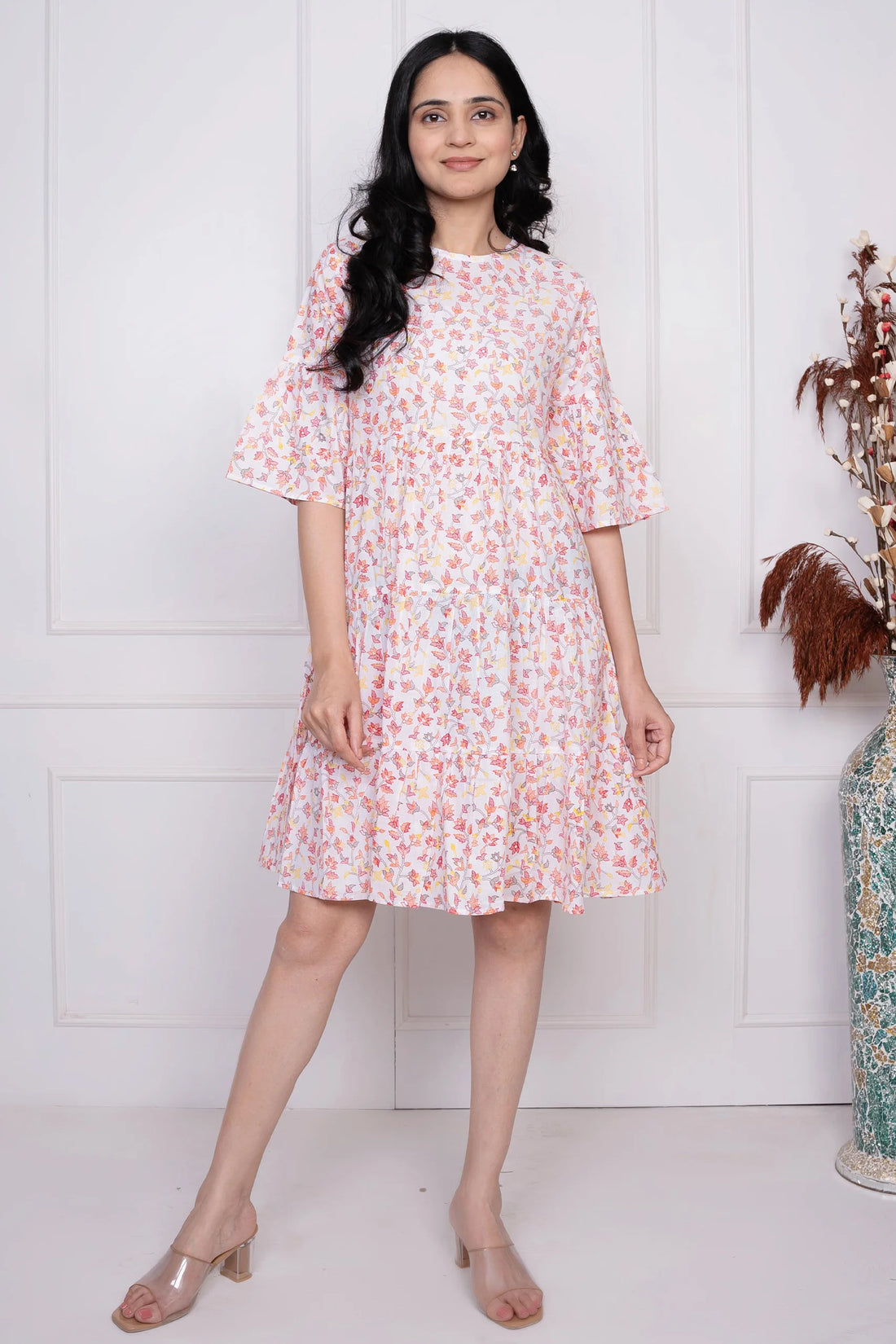 White Floral Printed Cotton Dress for Women