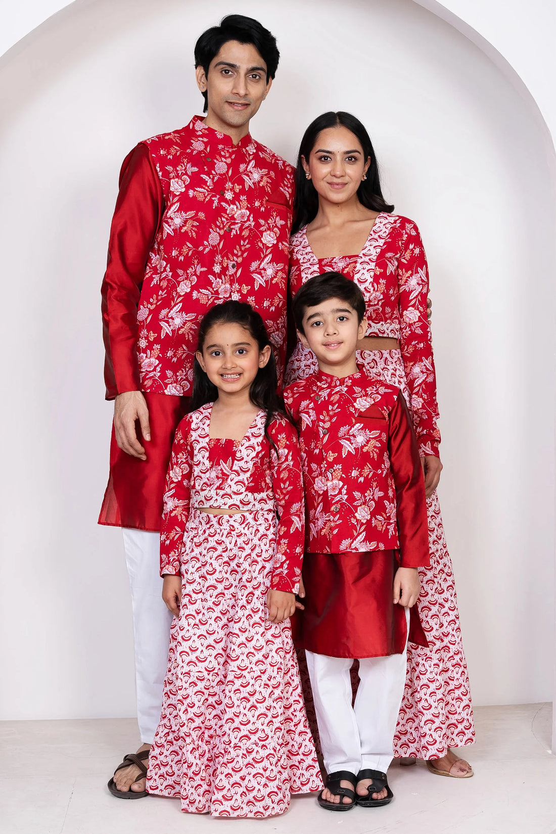 Maroon & White Floral Printed Lehenga Crop Top and Dupatta With Matching Kurta Pyjama Family Twin Set