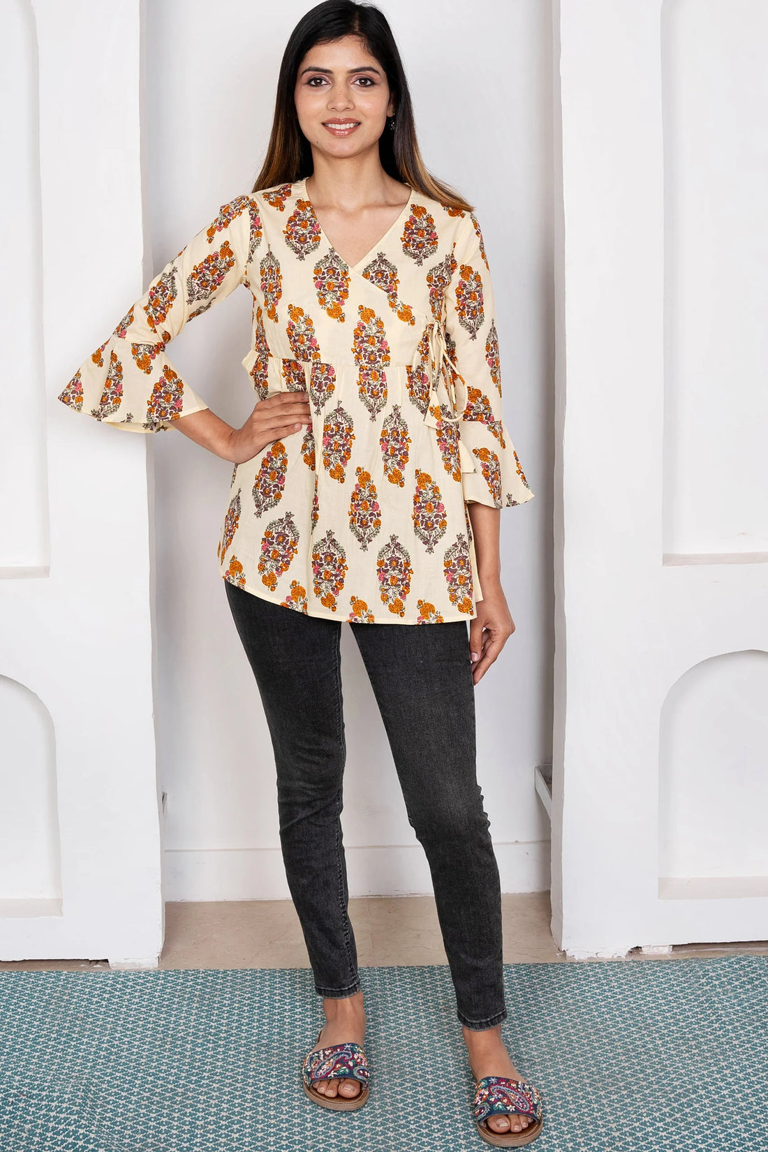 Printed Angrakha Style Top: Cotton Comfort in Cream & Mustard