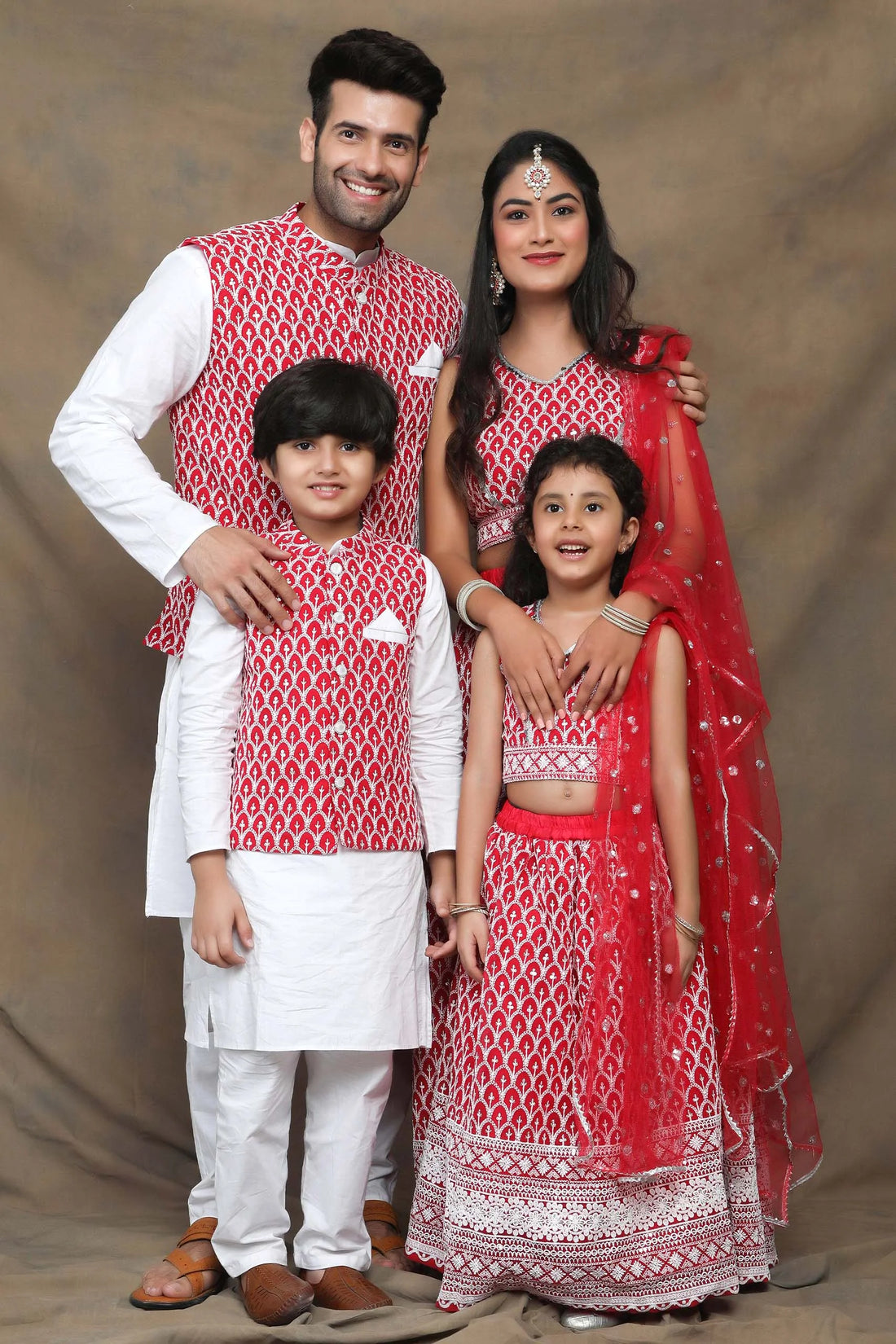 Ethnic Family Matching Set Fuchsia And White Thread Work Embroidery