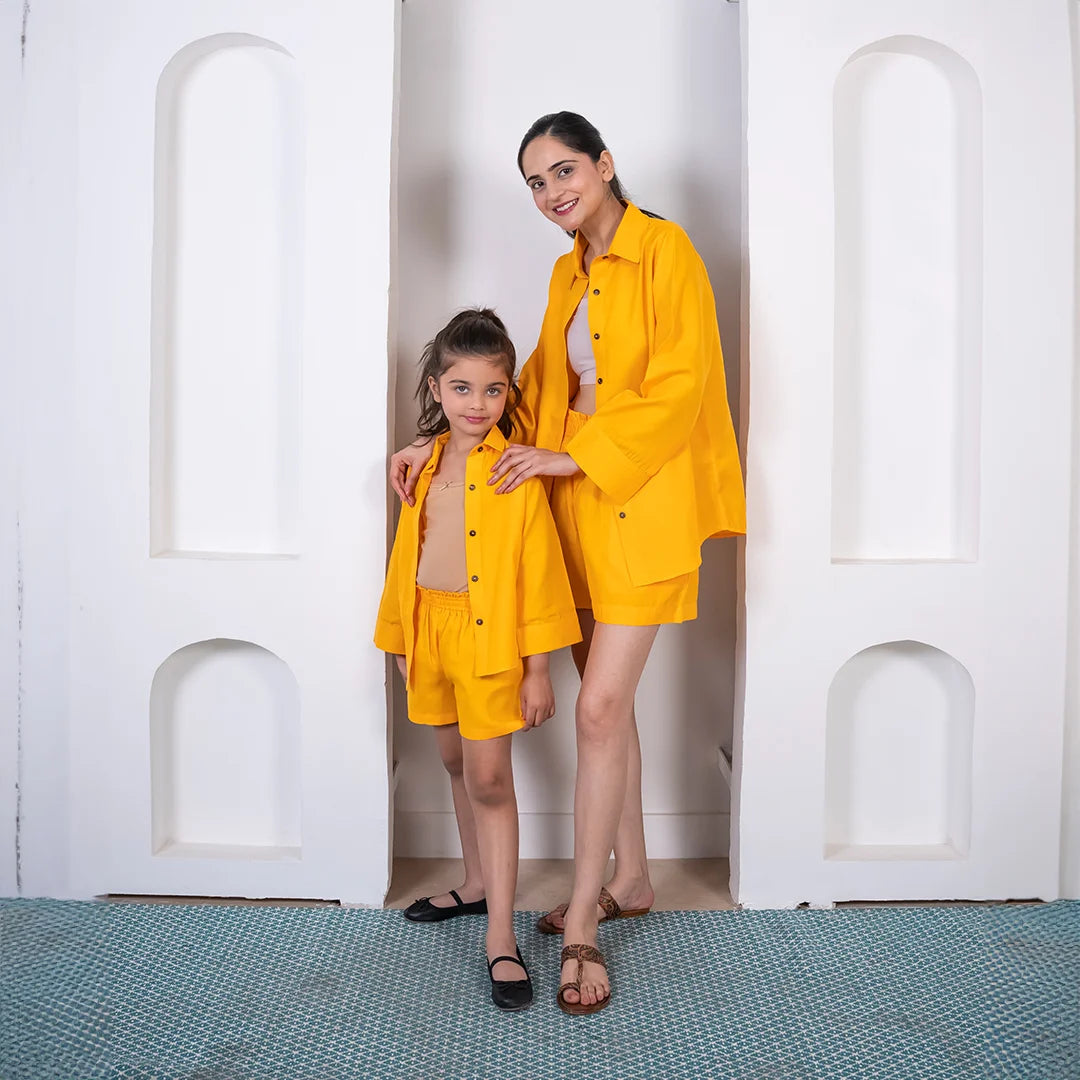 Matching Outfits for Mother and Daughter Mustard Cotton Shorts and Shirt Co Ord Set Perfect for Summer