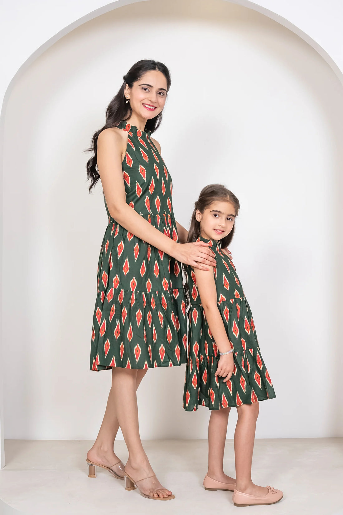 Green and Red Ikkat Halter Matching Outfits for Mom and Daughter, Cotton Summer Dress Twin Set