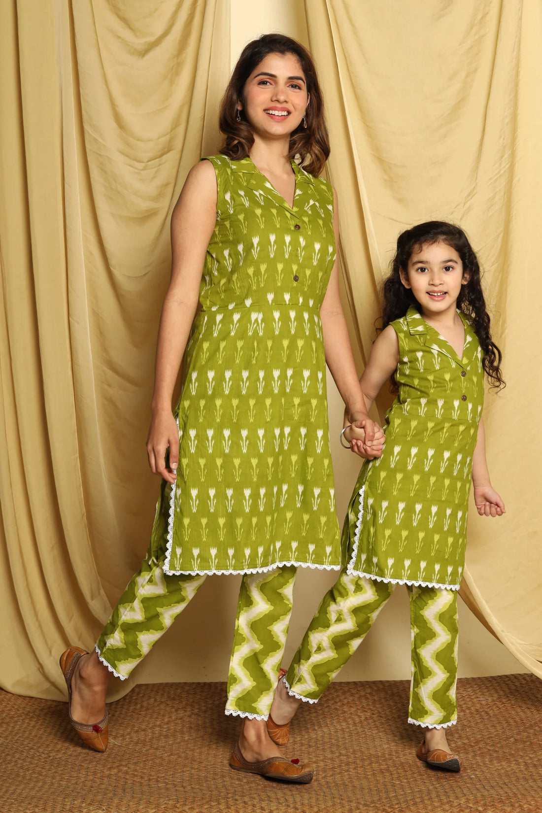 Mom & Daughter Matching Green Printed Suit Set